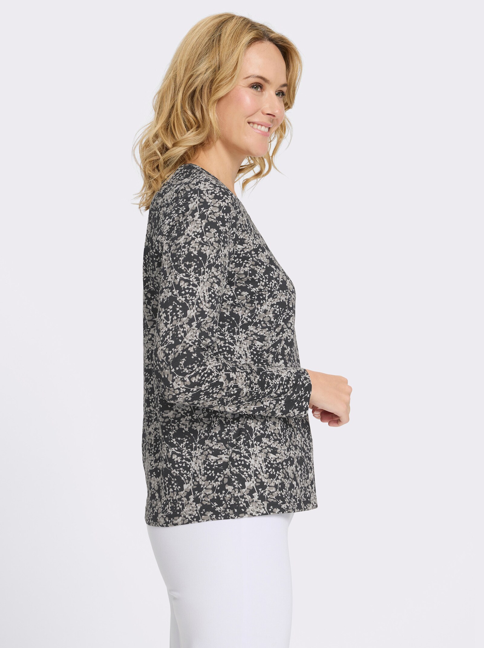 Langarmshirt mit Millefleur-Druck - schwarz-ecru-bedruckt