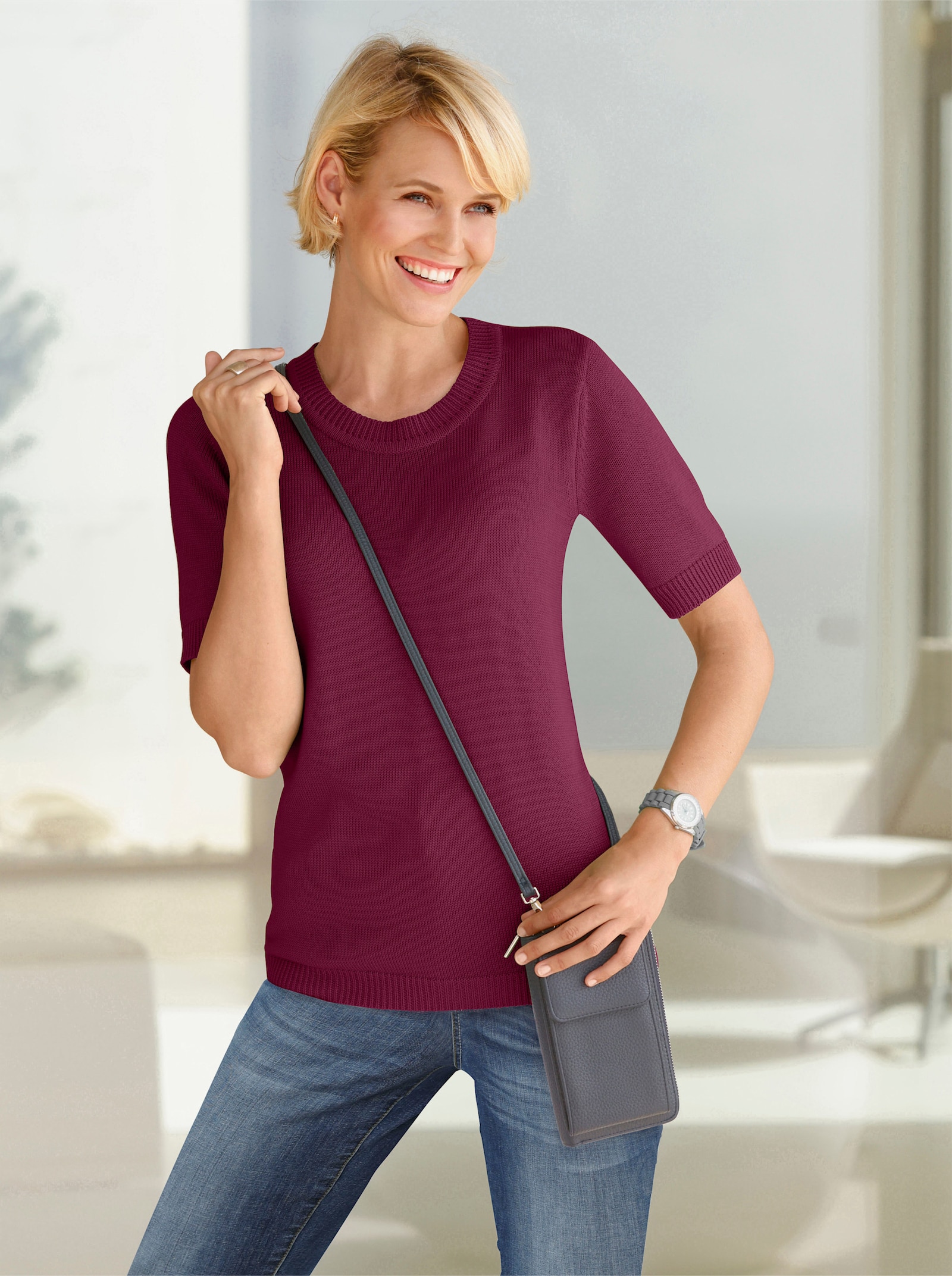 Kurzarmpullover mit Rippabschlüssen - fuchsia