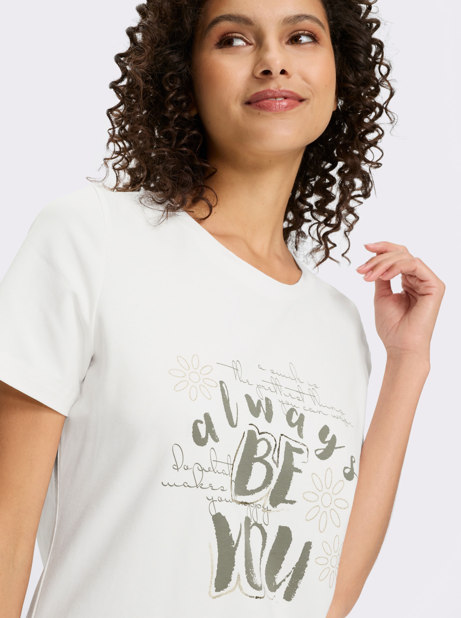 heine Kurzarmshirt mit glänzendem Schriftzug - ecru