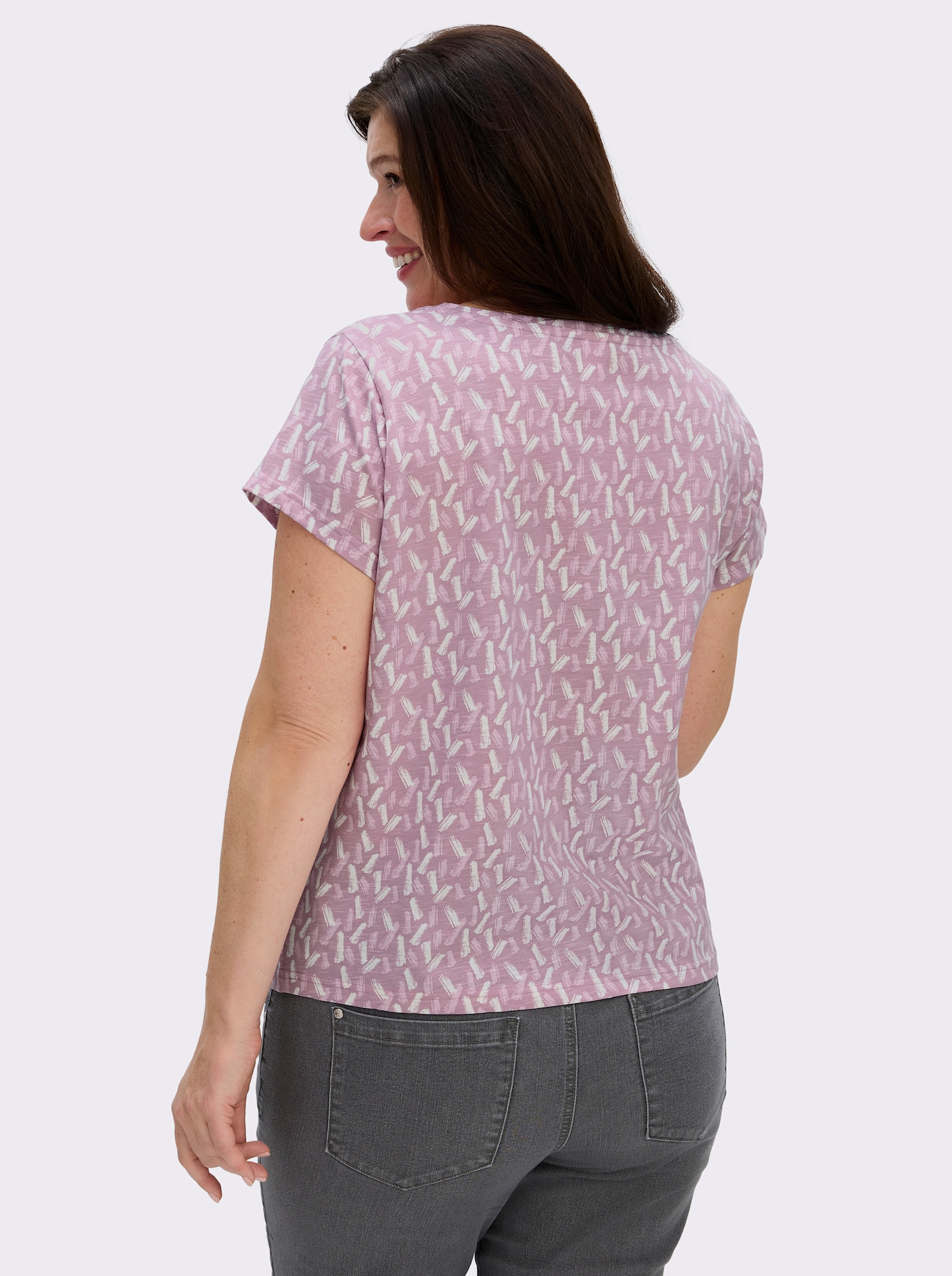 Rundhalsshirt mit Flammgarn-Struktur - mauve-ecru-bedruckt