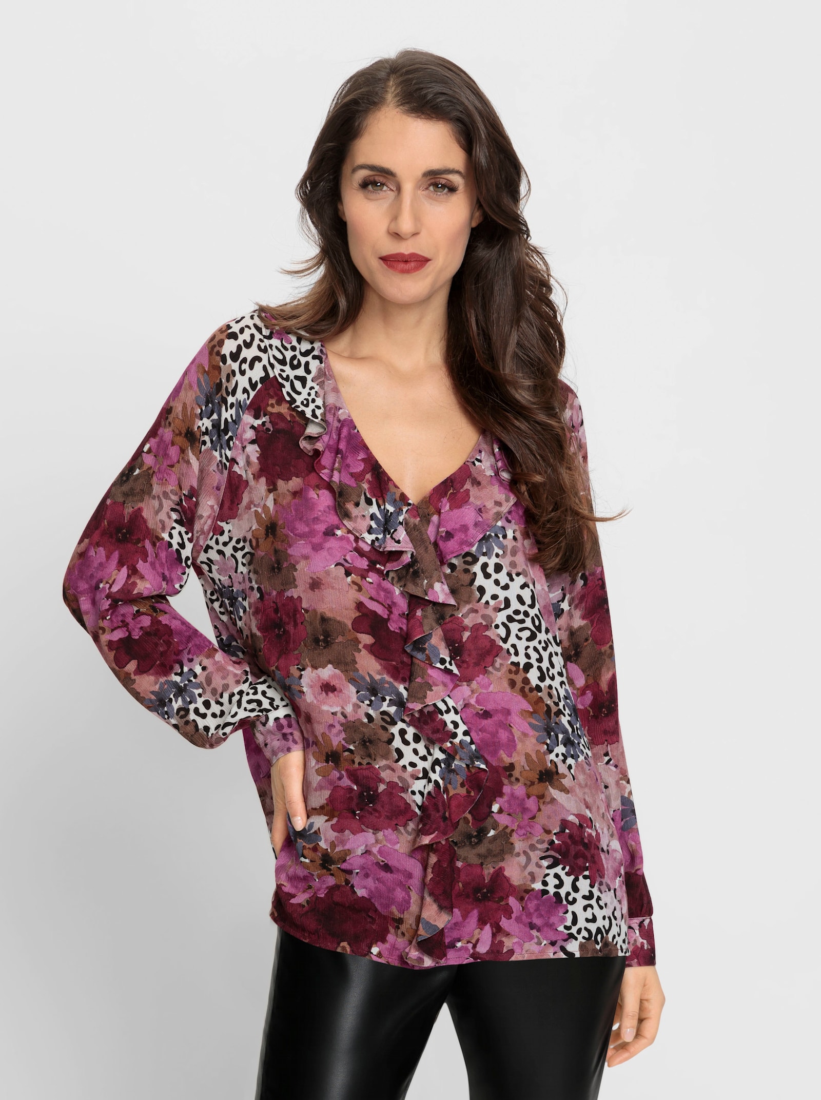 heine Volantbluse mit V-Ausschnitt, geblümt - dunkelrot-rosenquarz-bedruckt