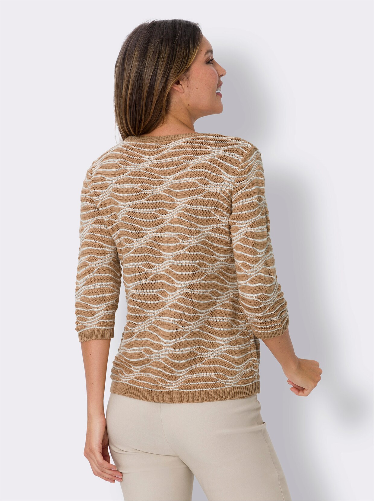 Pullover met ronde hals - camel/ecru gedessineerd