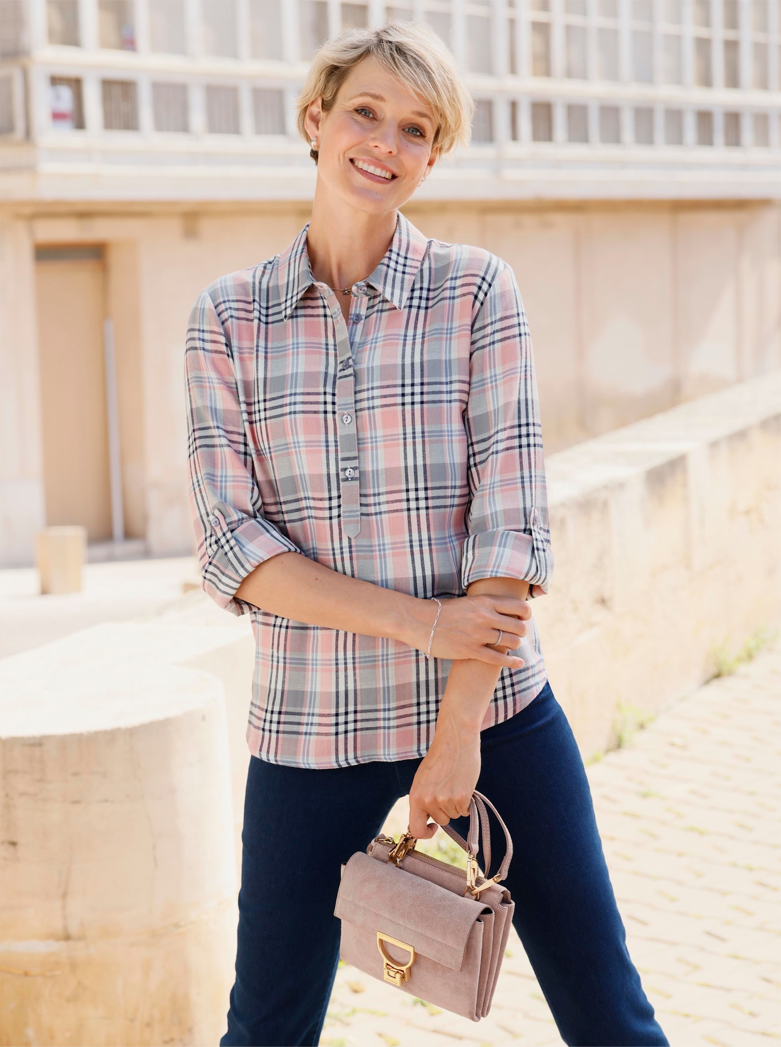 Kostkovaná halenka z měkkého flanelu - růženínová-ecru-kostka