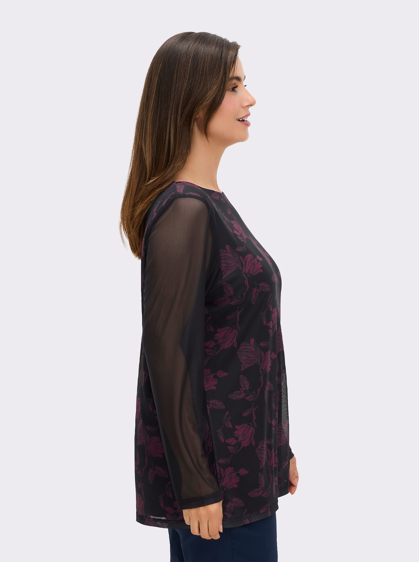 sheego Shirt met lange mouwen, boothals en meshdetails - zwart geprint