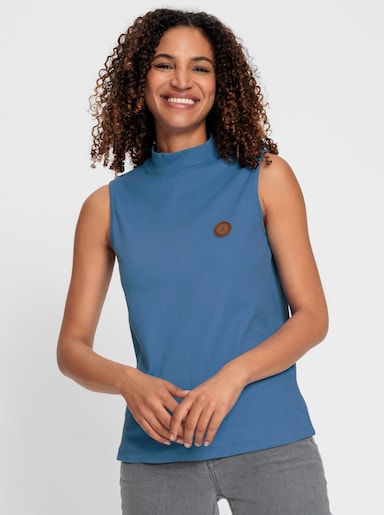 Shirttop met opstaande kraag, onderhoudsarm - middenblauw