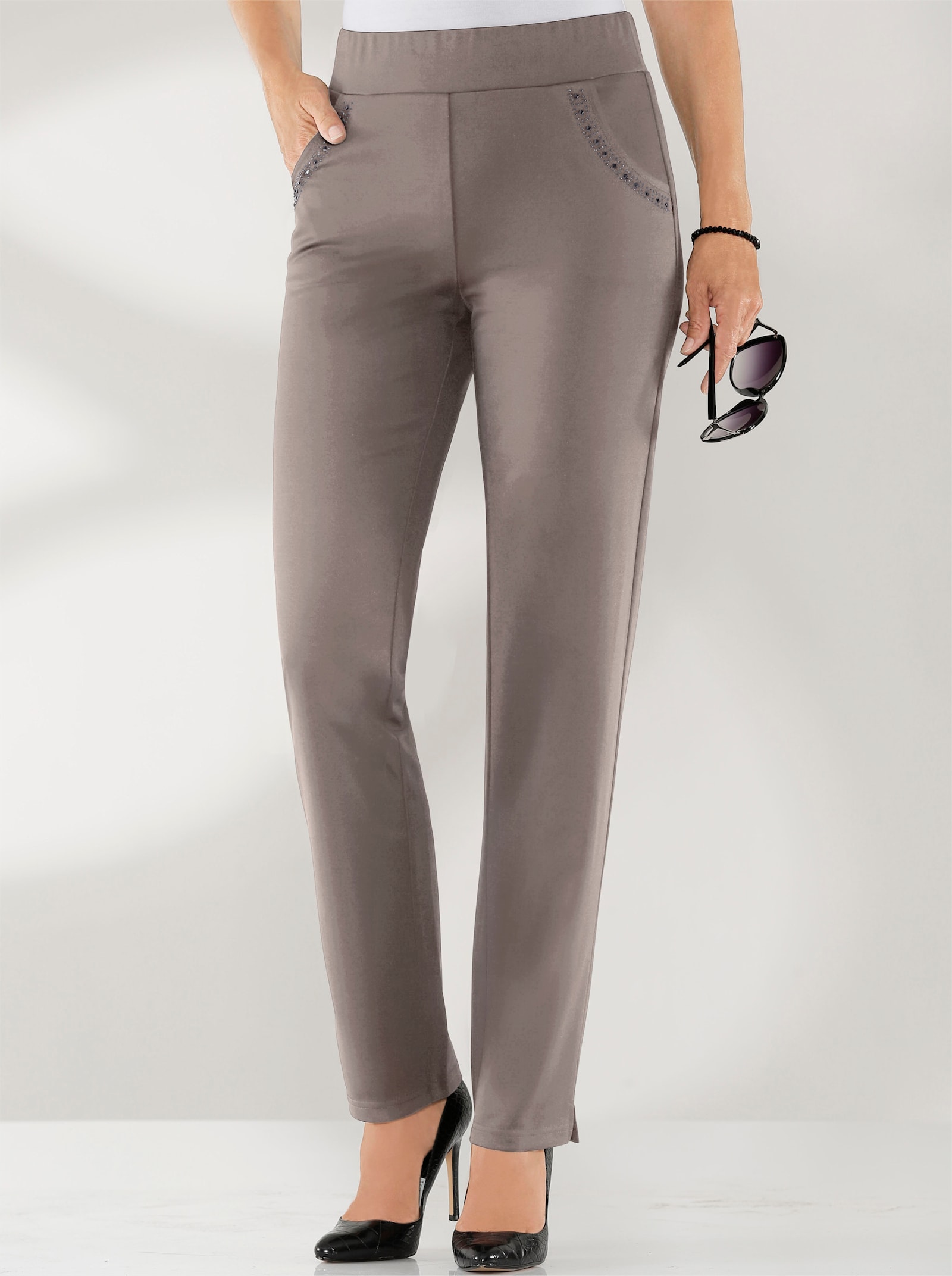 Jerseybroek met siersteentjes op de zakken - taupe