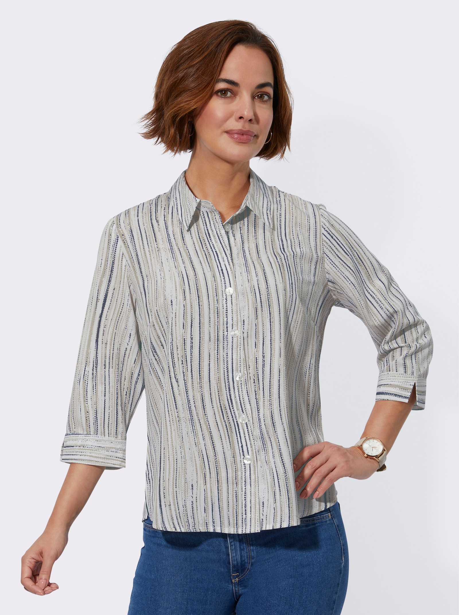 Gestreepte blouse met afgeronde zoom - zand/ecru bedrukt