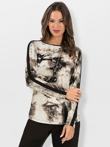 Langarmshirt mit U-Boot-Ausschnitt - sand-schwarz-bedruckt