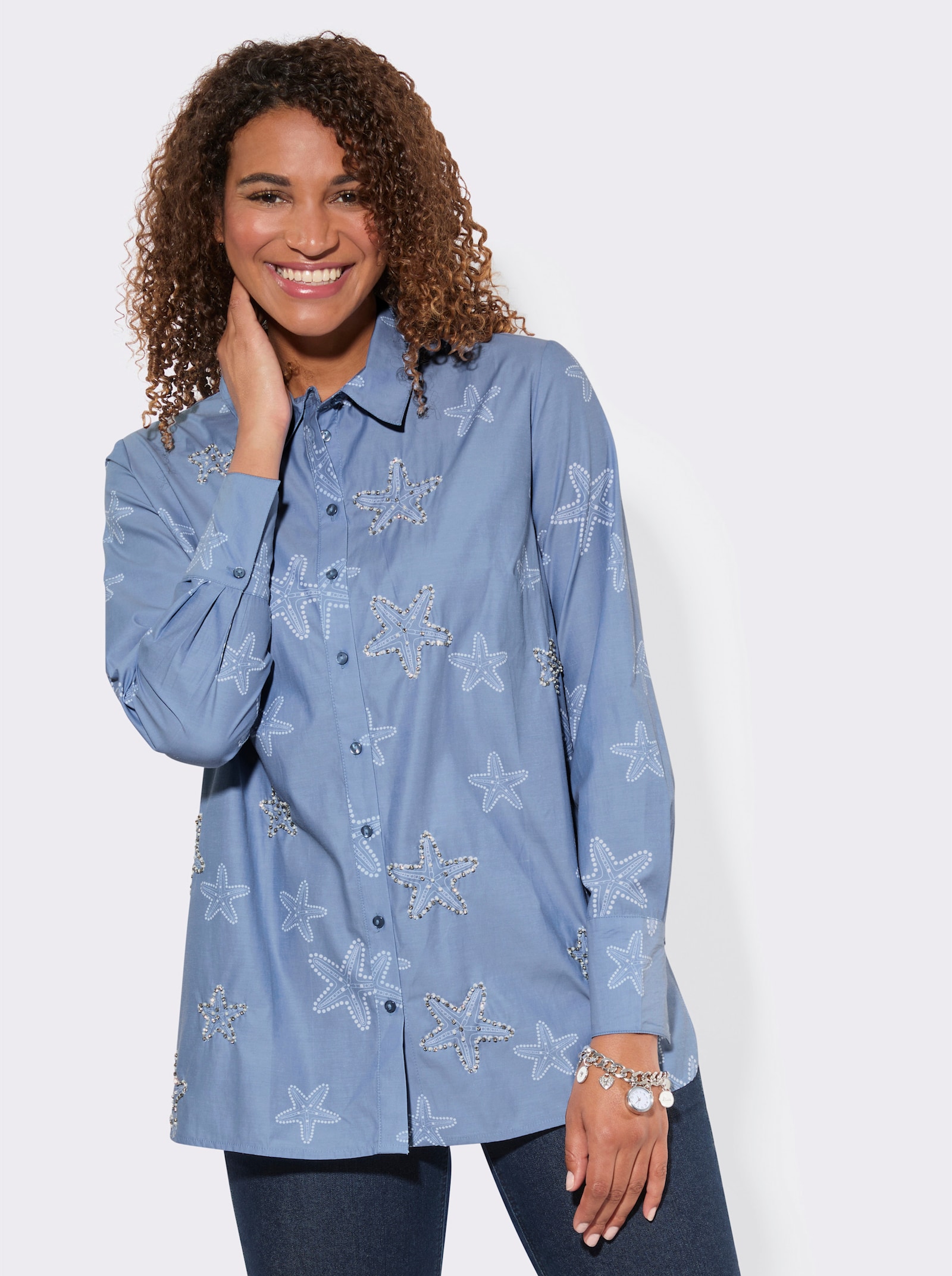 Longbluse mit Zierperlen - bleu