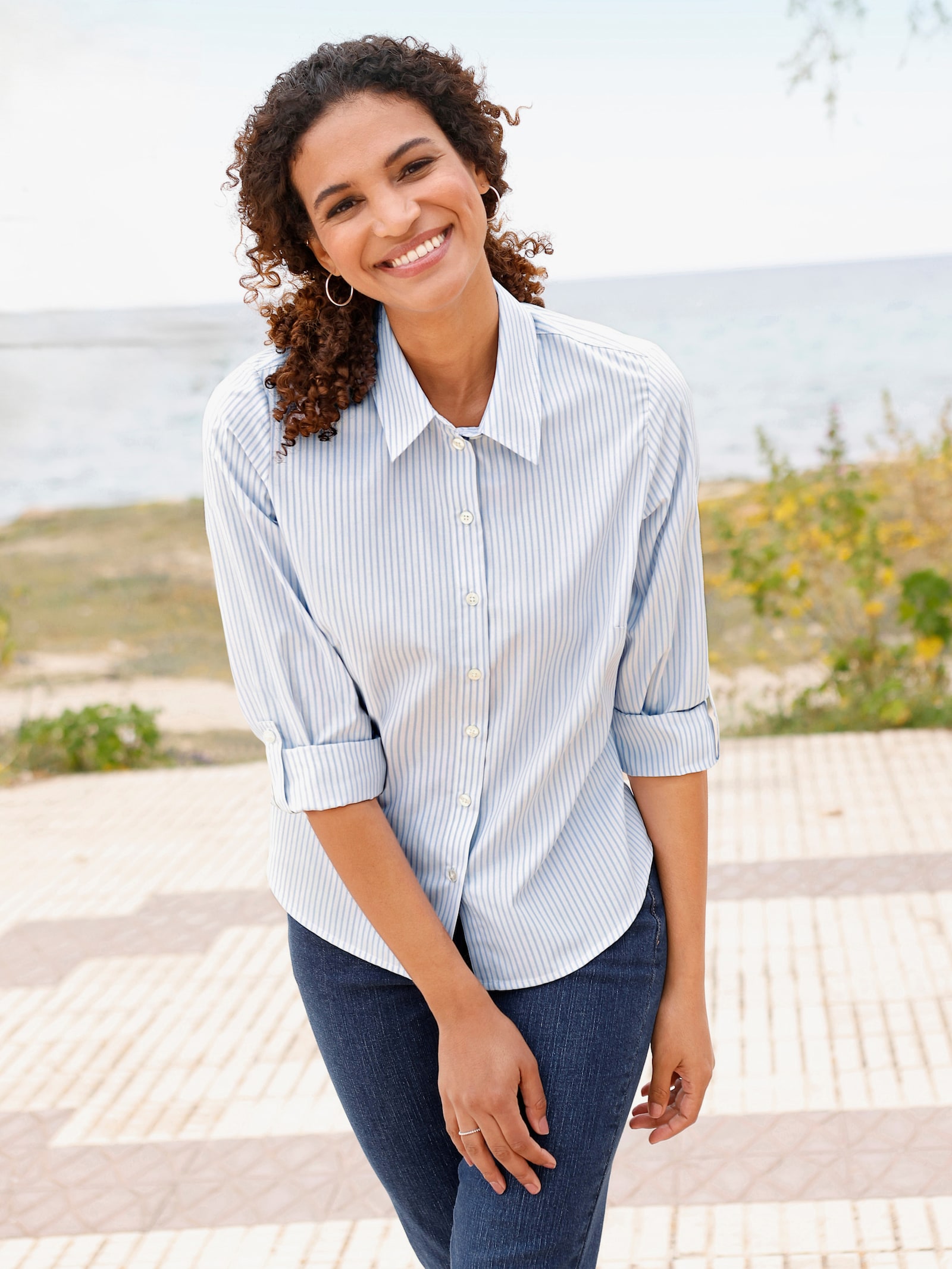 Blúzka, pruhy, dĺžkovo nast. rukávy - Pruhovanie: modrá – prírodný hodváb