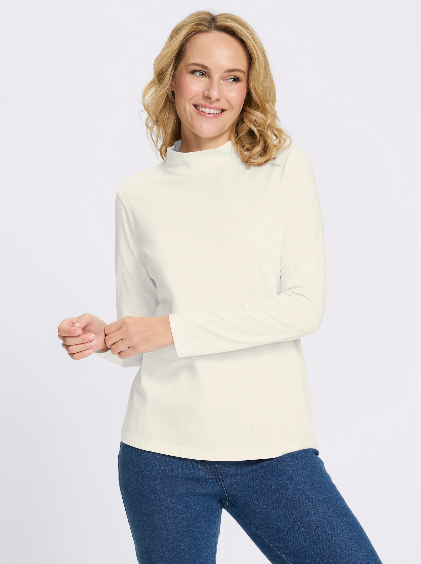 Stehkragenshirt aus reiner Baumwolle - ecru