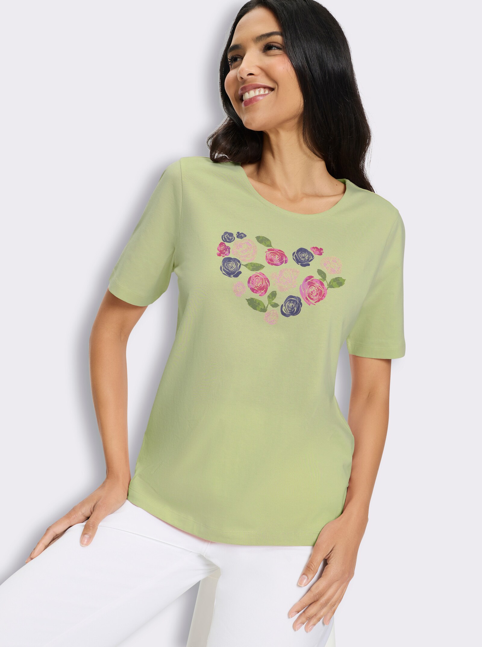 Kurzarmshirt mit Herz-Motiv aus Blüten - pistazie-fuchsia