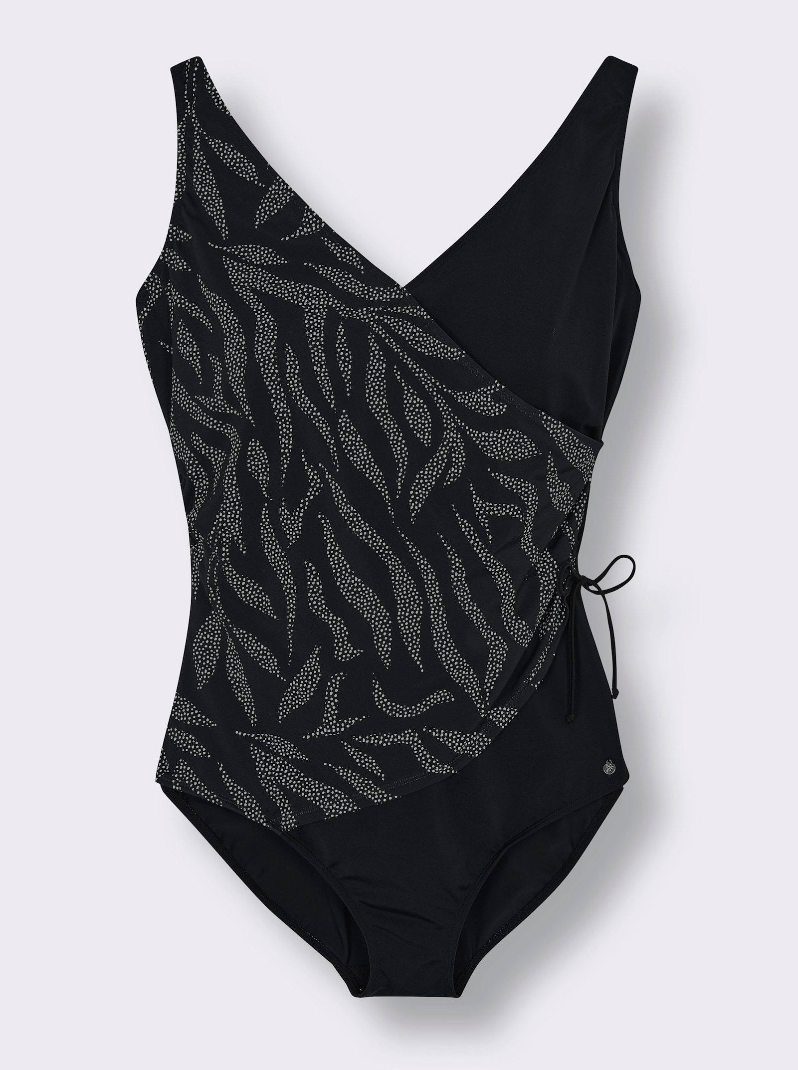 sheego Badeanzug in Wickeloptik, mit Pünktchenprint - schwarz-weiß-bedruckt