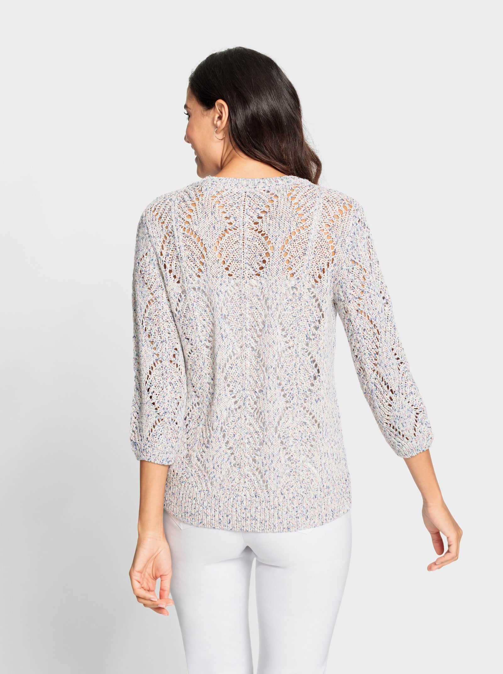 Ajourpullover mit Multicolor-Bändchengarn - ecru-rauchblau-meliert
