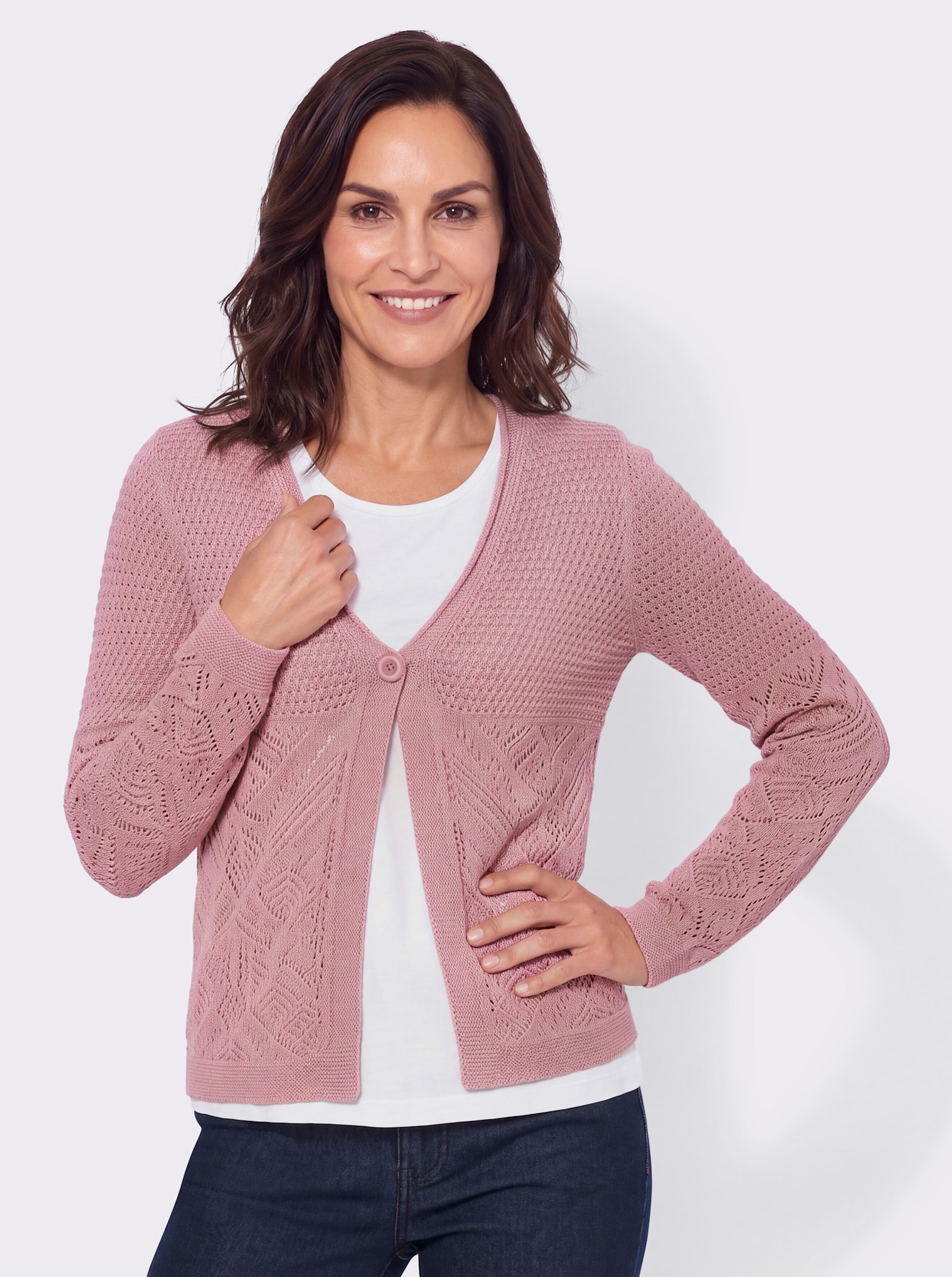 Ajourstrickjacke in Baumwoll-Viskose-Qualität - hortensie