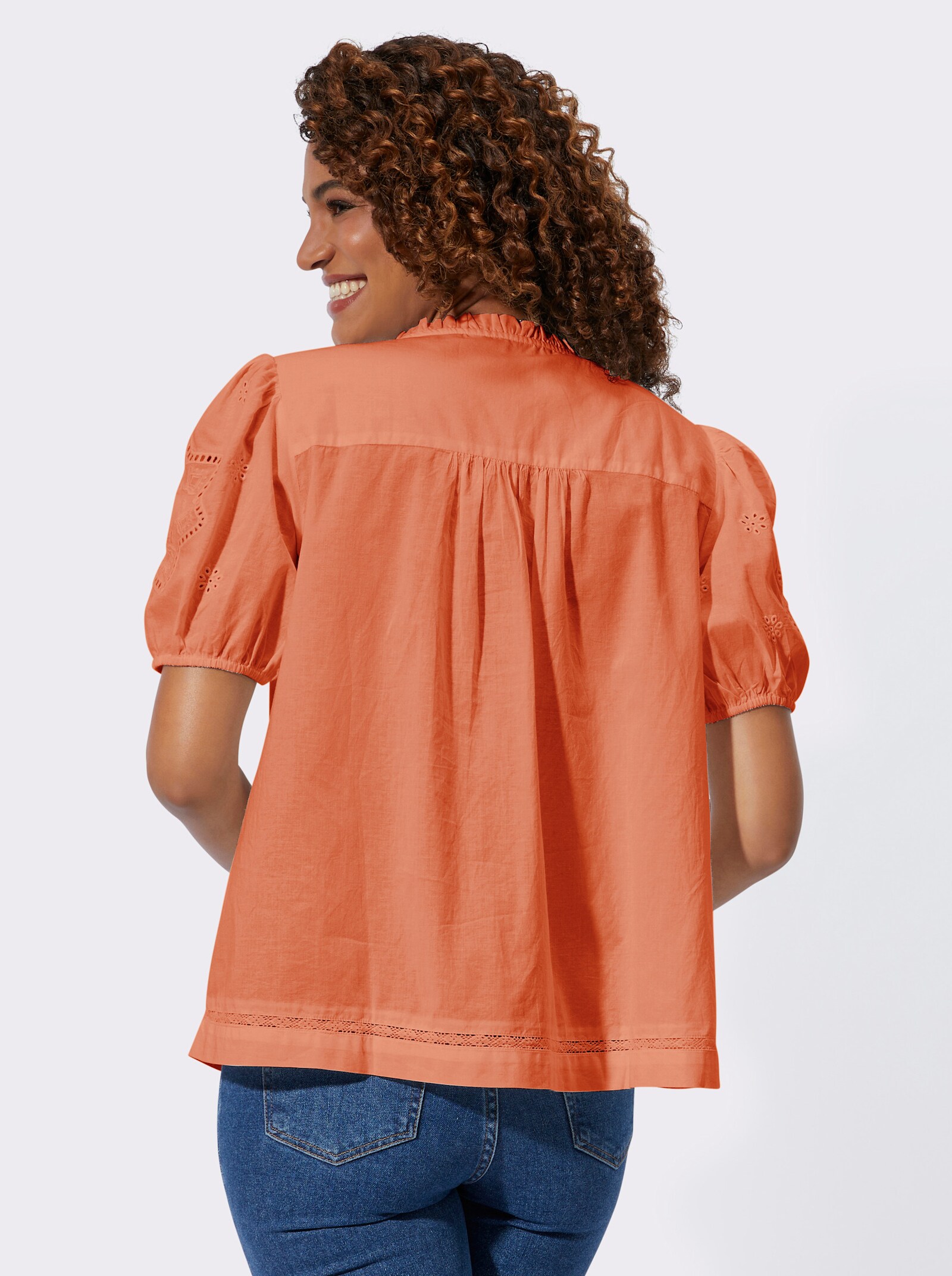 Katoenen blouse met pofmouwen - papaya