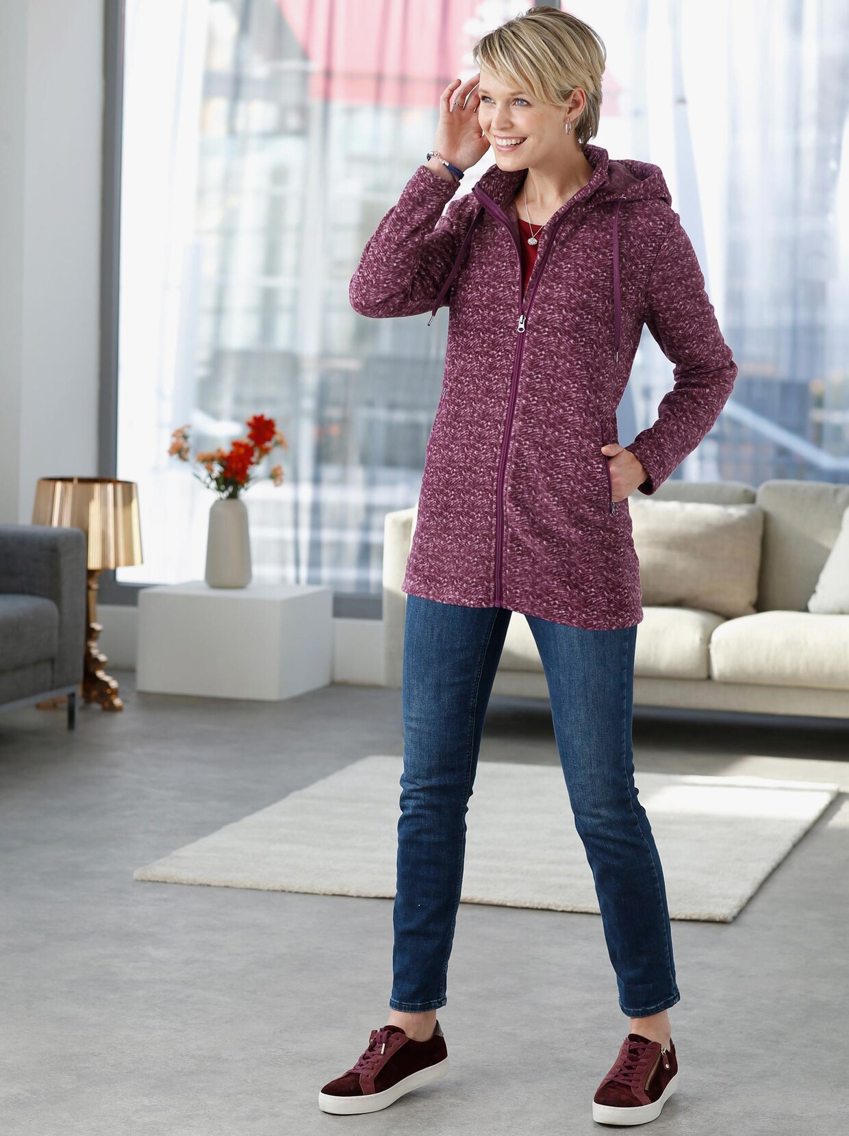 Fleecejacke - bordeaux-weiß-gemustert