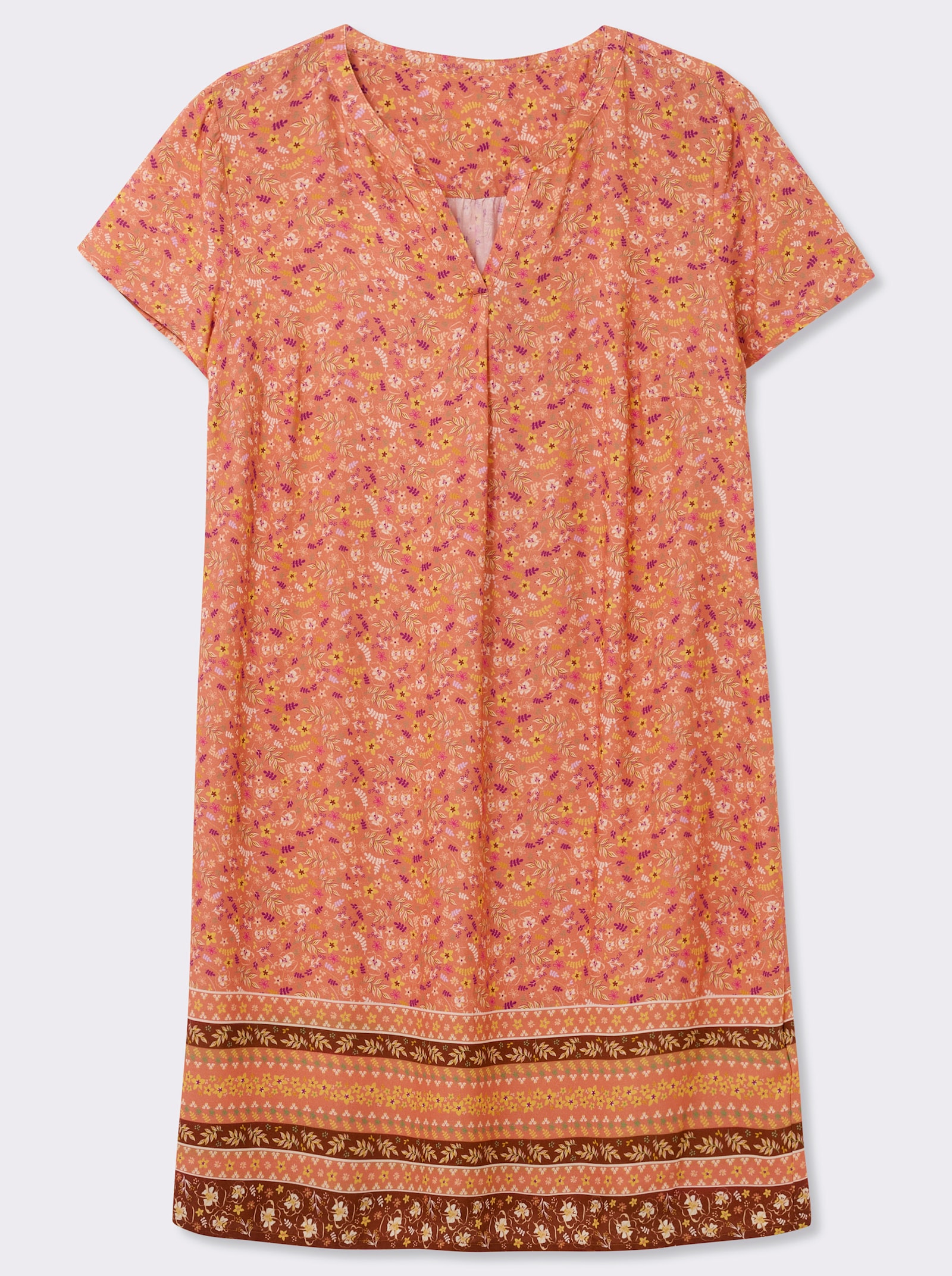 Druckkleid mit Blümchen- und Bordürenmuster - papaya-rotbraun-bedruckt