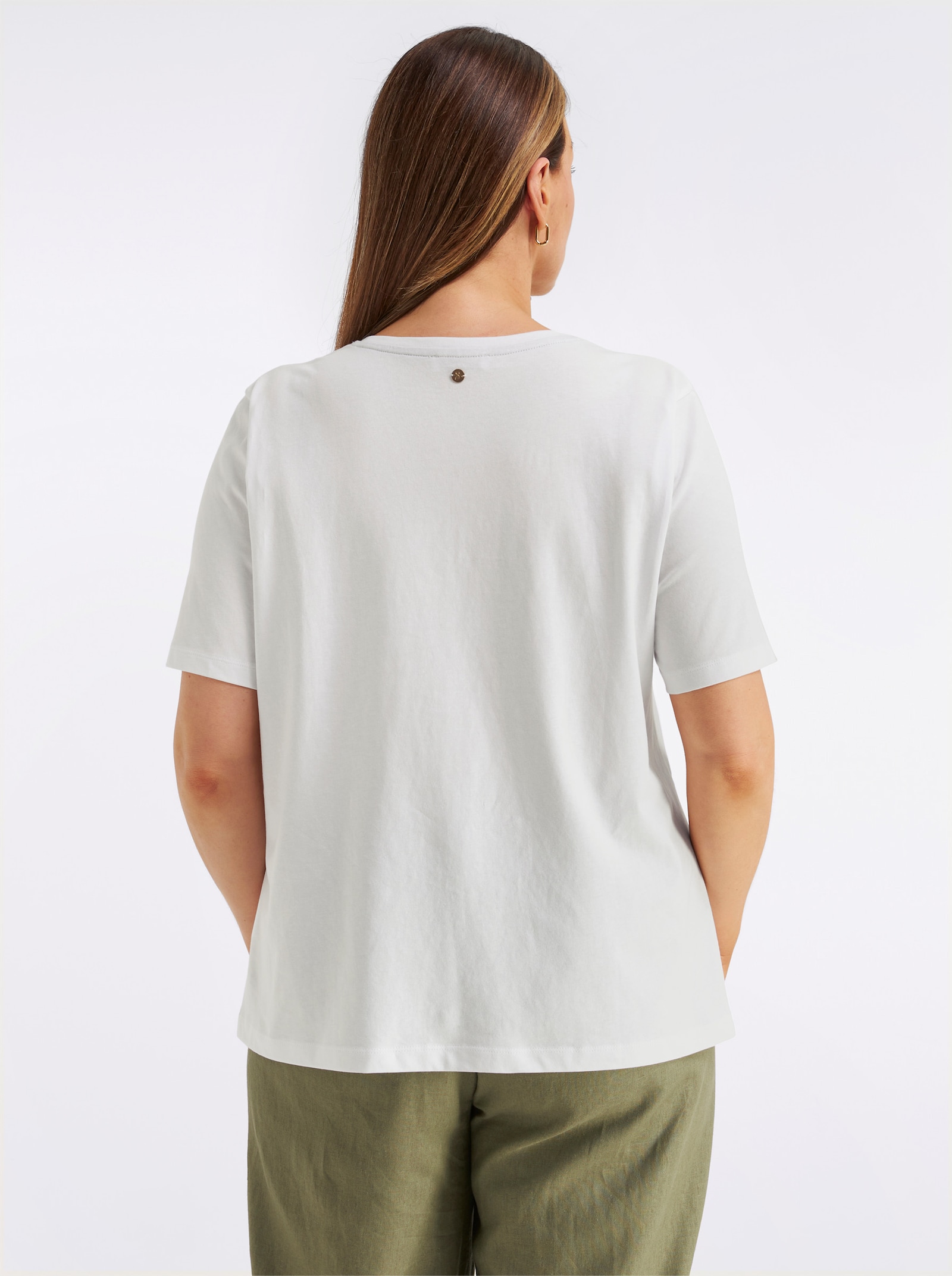 sheego Shirt met V-hals, tekstprint en pailletten - ecru