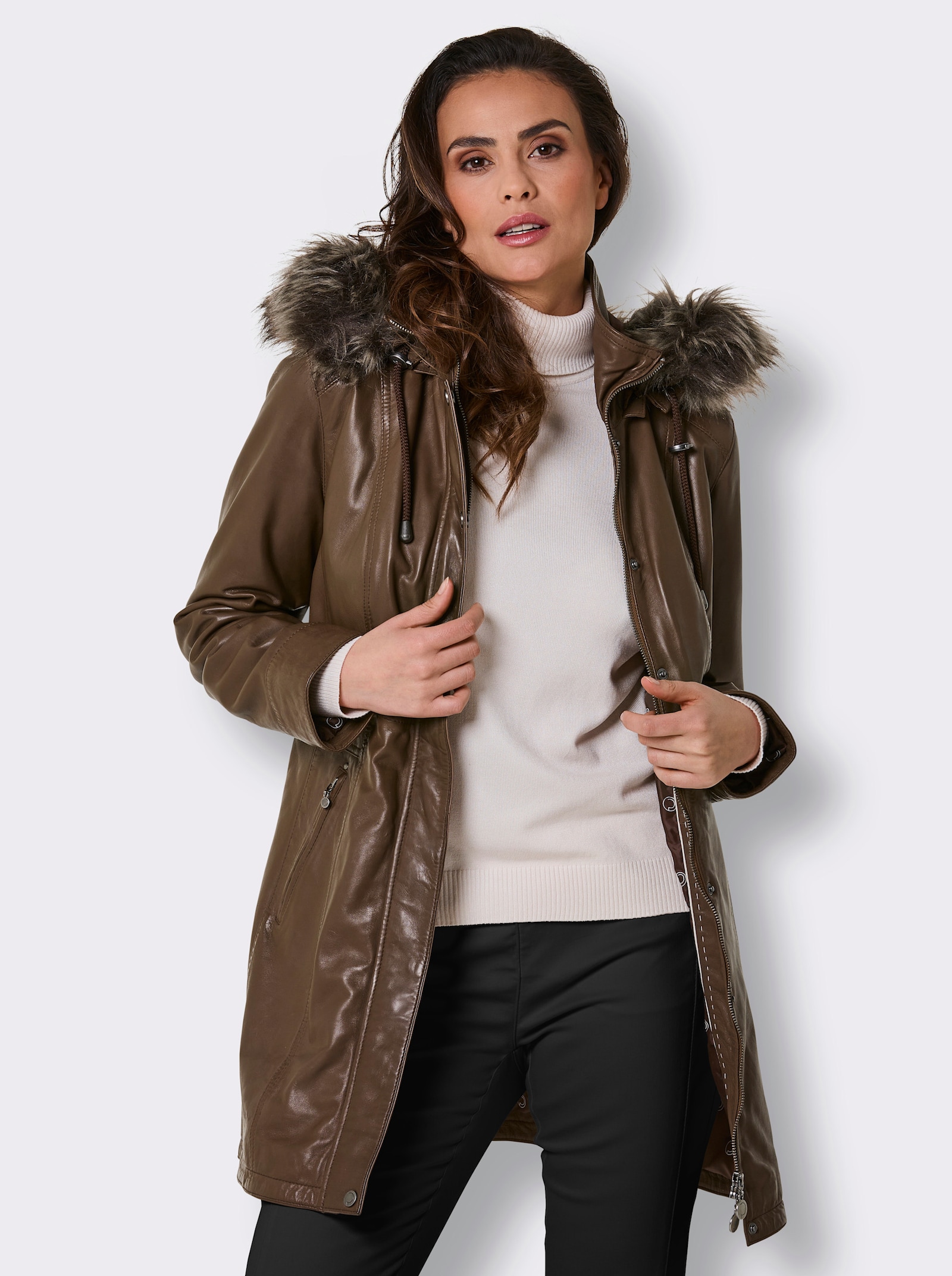 Mainpol Lederjacke mit Pelzimitat - braun