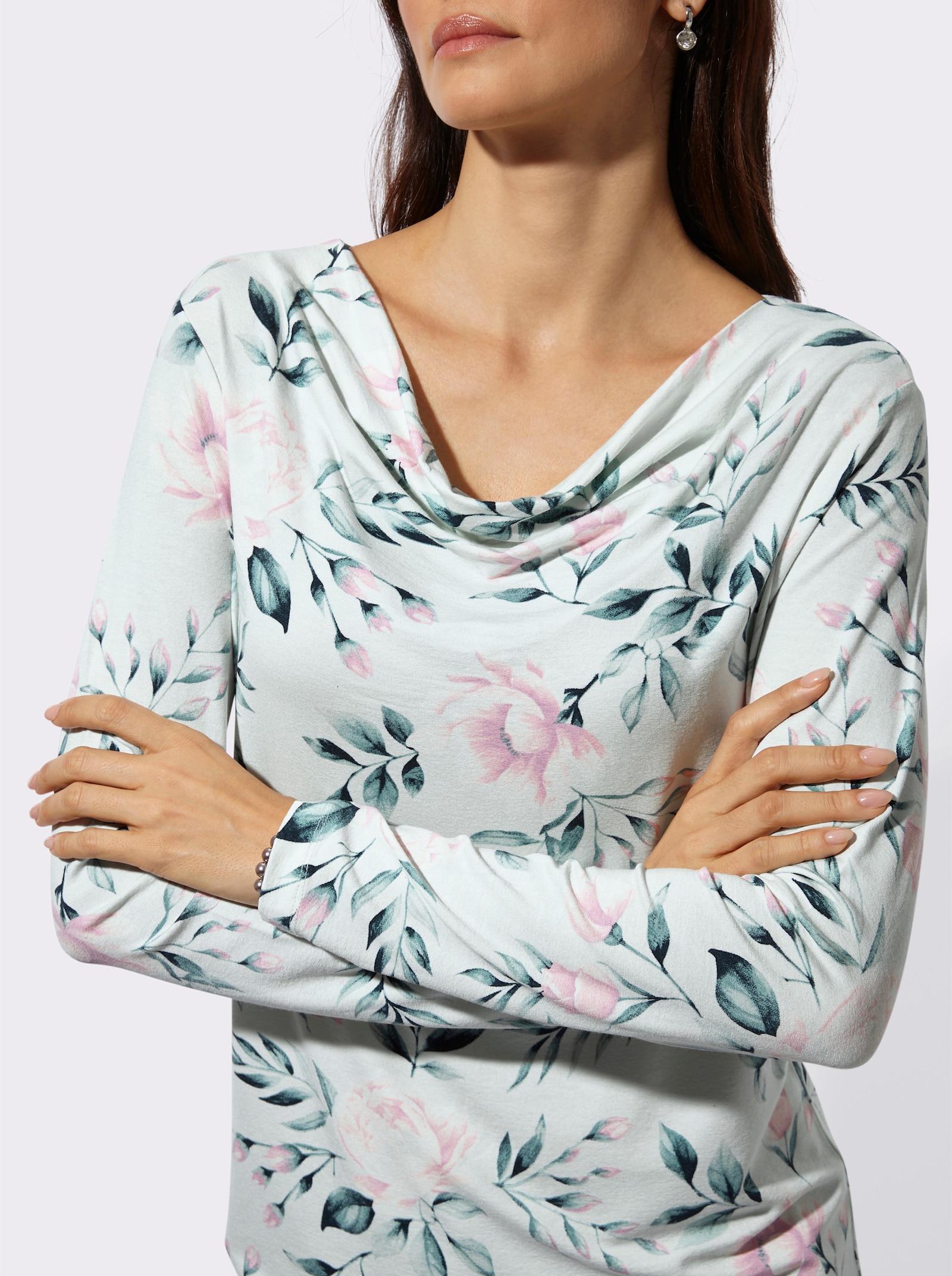 Langarmshirt mit Wasserfall-Ausschnitt - kalkmint-aquapetrol-bedruckt