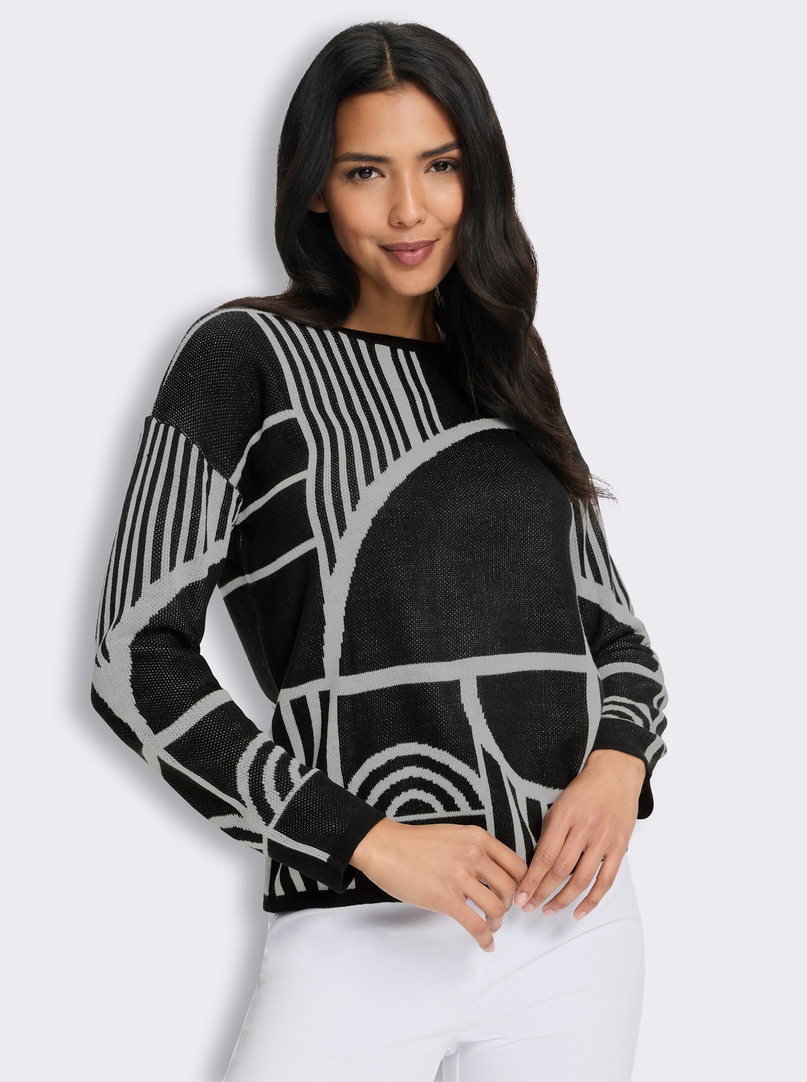  Jacquardpullover mit überschnittenen Schultern - schwarz-ecru-gemustert