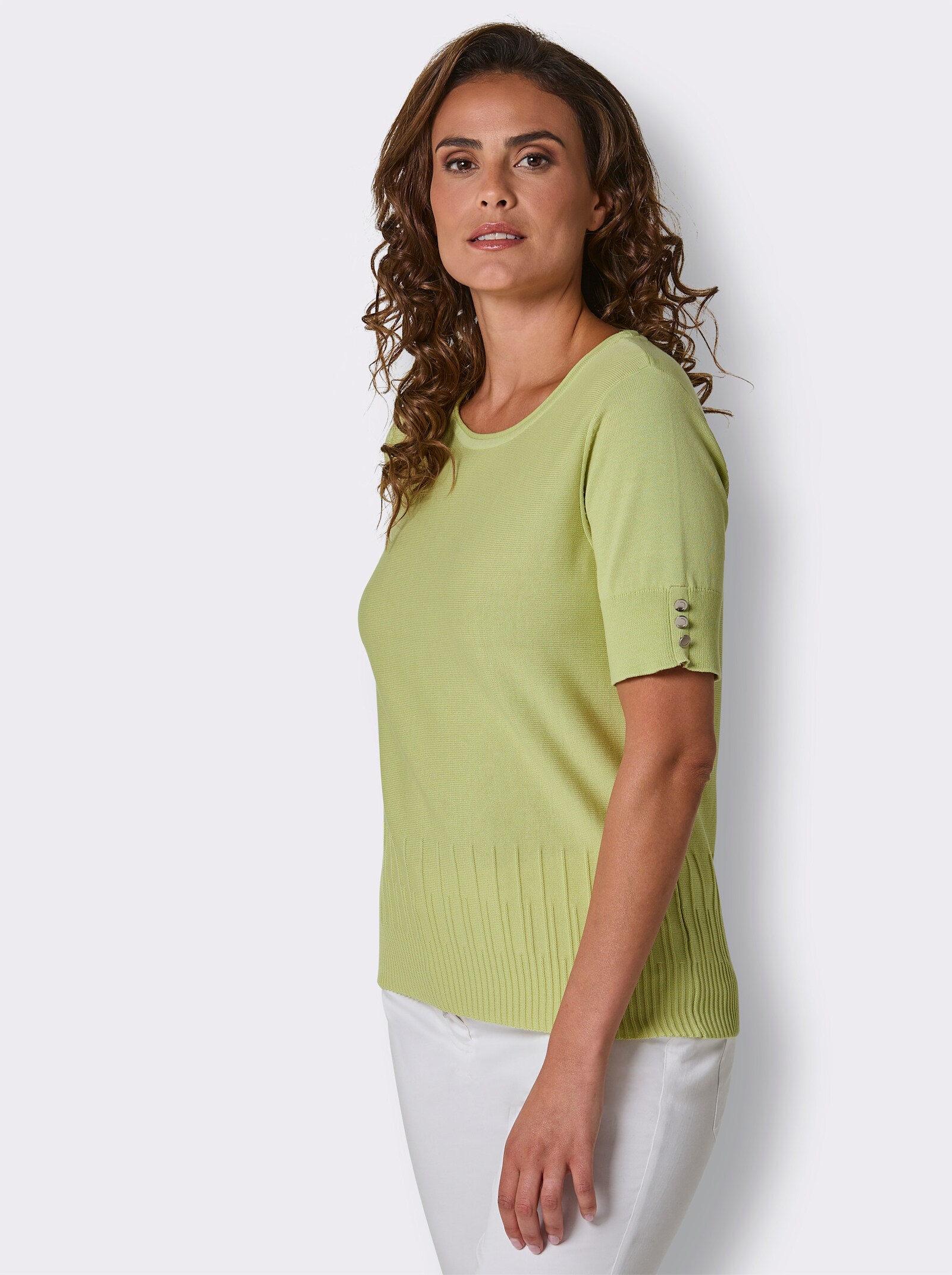 CREATION L PREMIUM Kurzarmpullover mit Zierknöpfen - pistazie