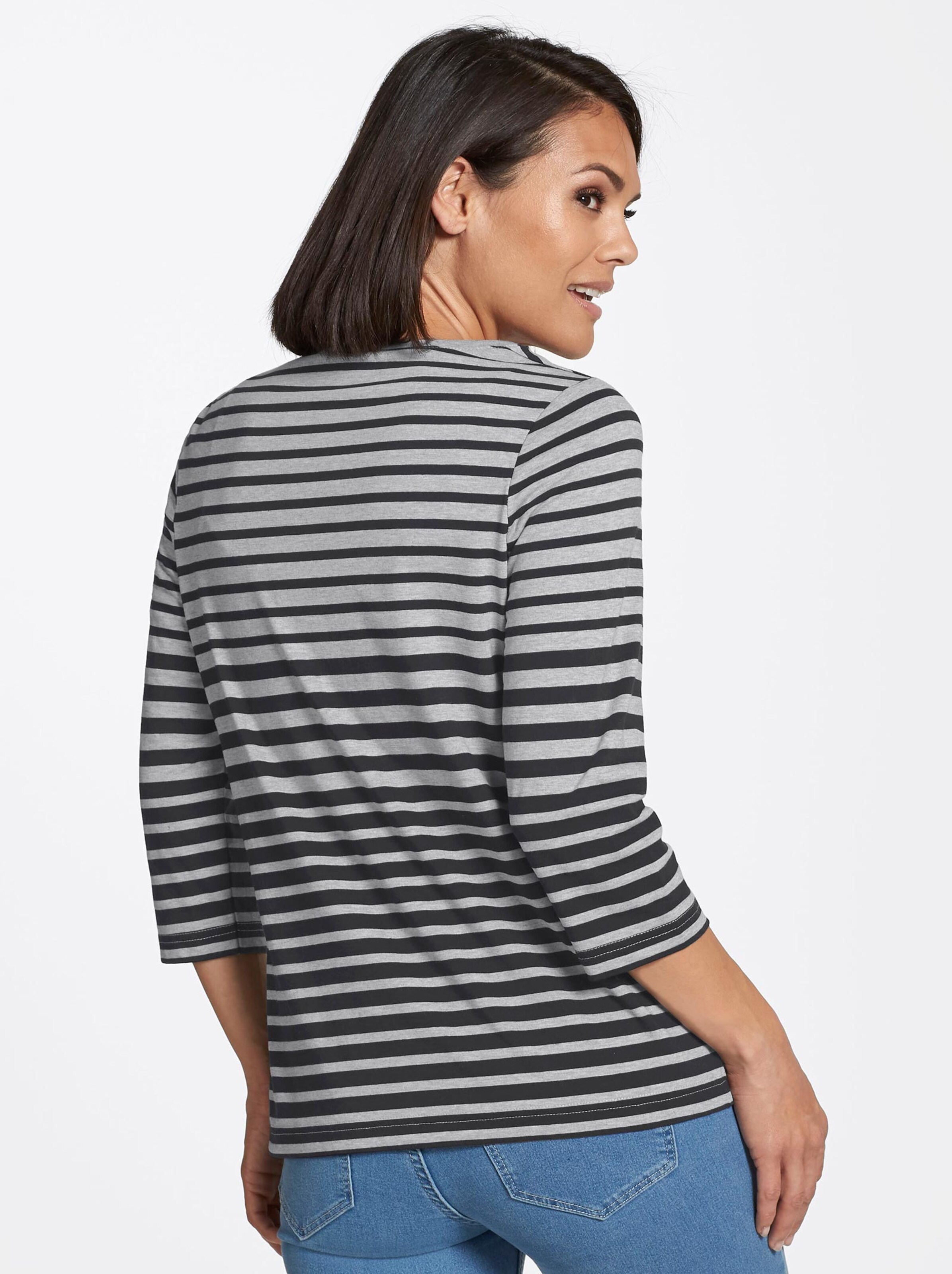 Damenmode Shirts 3/4-Arm-Shirt in grau-schwarz-geringelt 