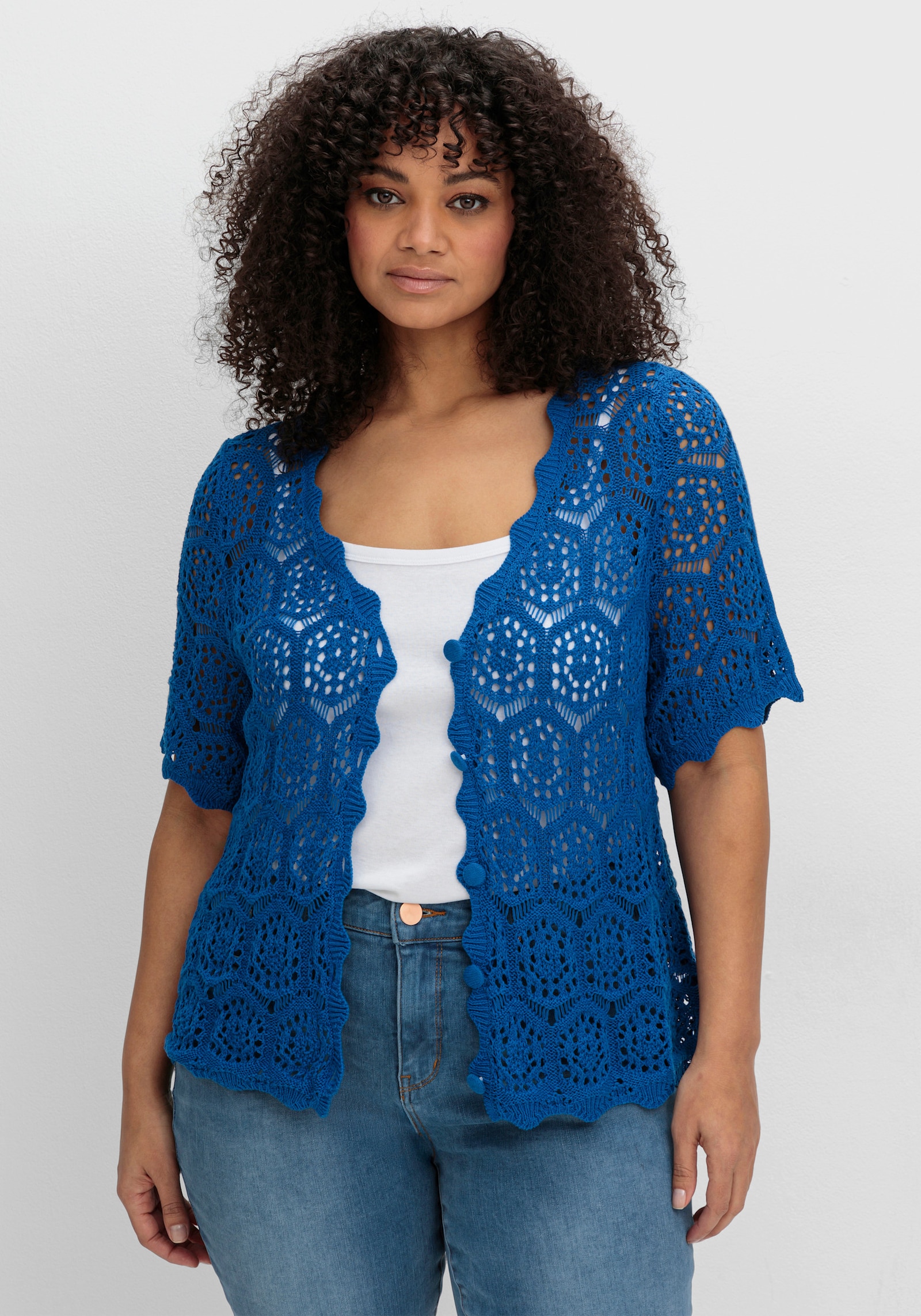 sheego by Joe Browns Ajourstrickjacke mit kurzem Arm - kobaltblau