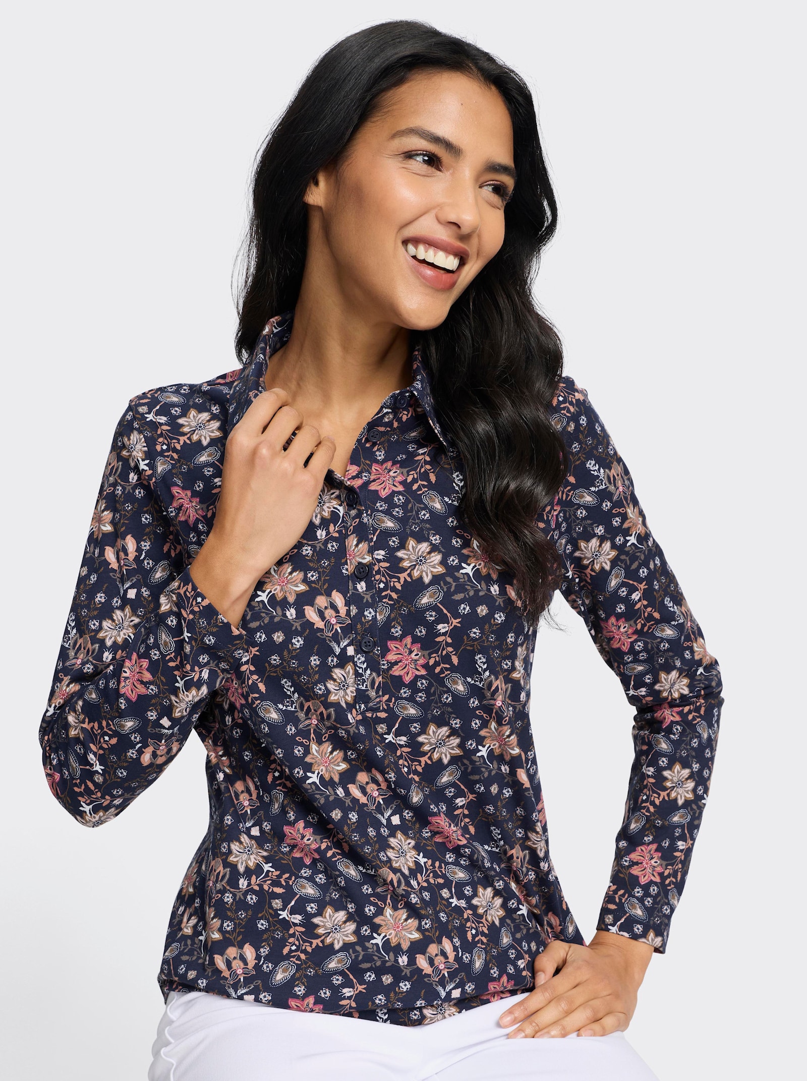 Poloshirt mit floralem Druck - marine-rosenquarz-bedruckt