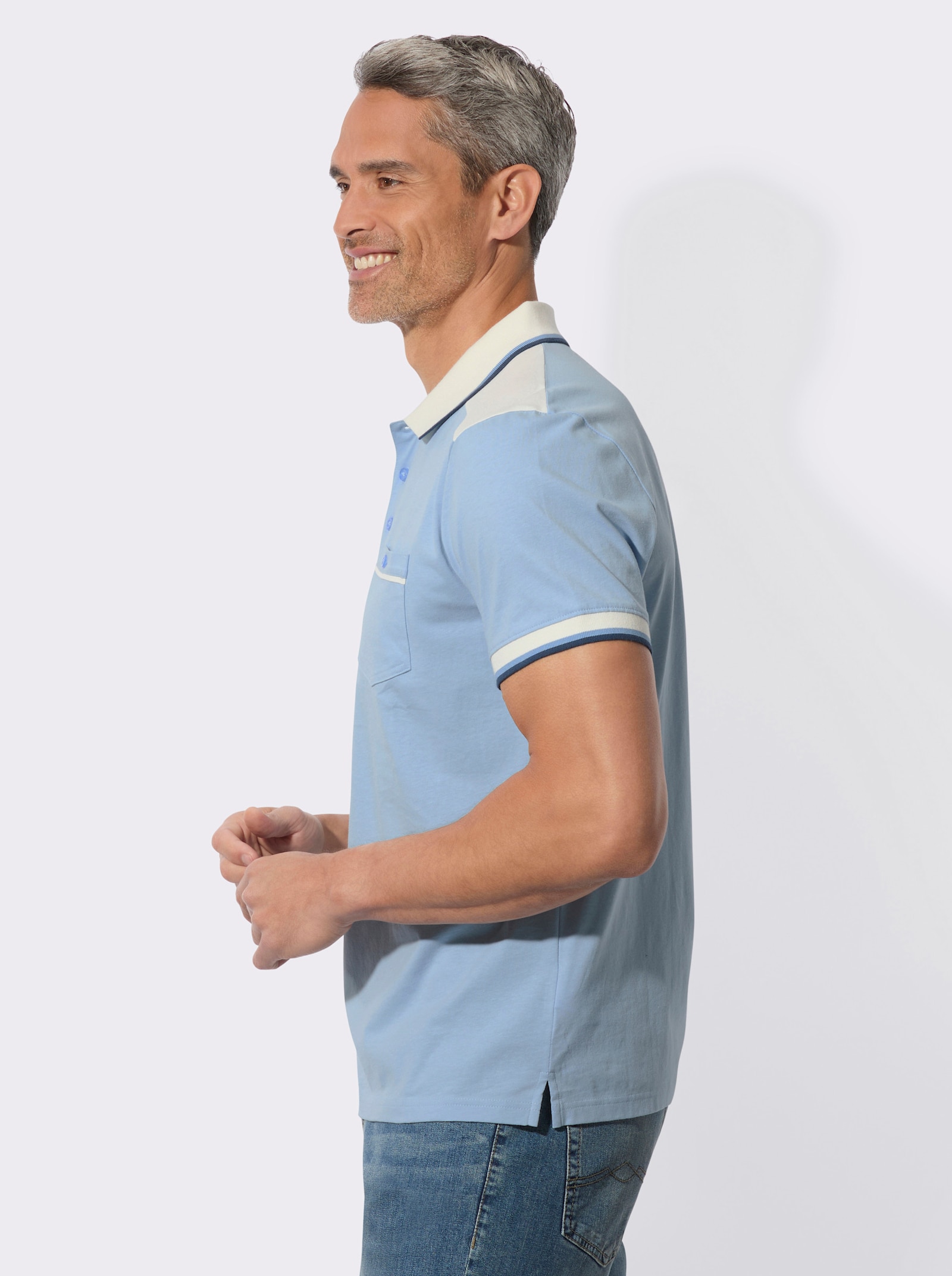 Poloshirt met borstzak met knoop - hemelsblauw