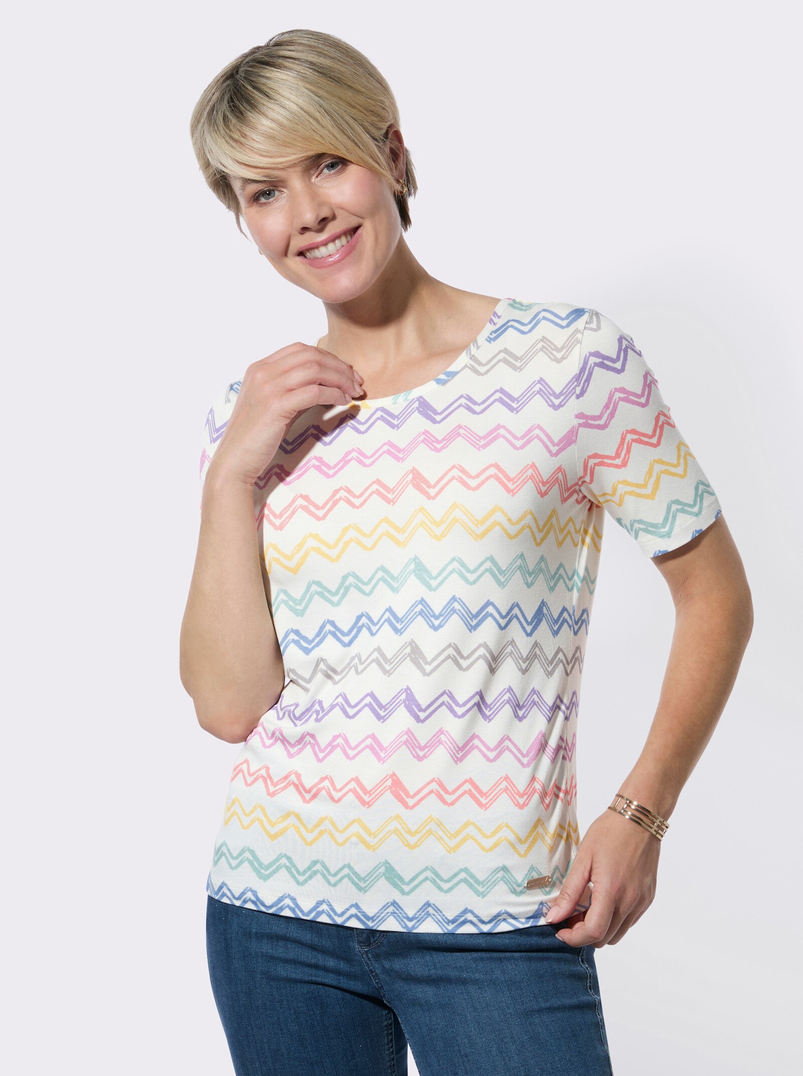 Rundhalsshirt mit Stretch-Anteil - orchidee-zitrone-bedruckt