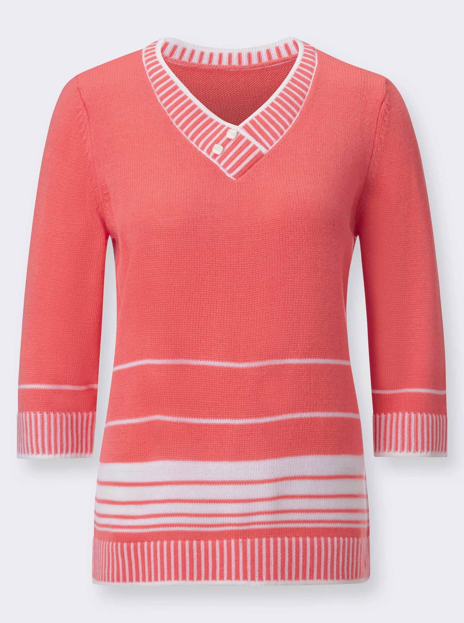 3/4 Arm-Pullover mit überlappendem V-Ausschnitt - koralle-weiss-gestreift