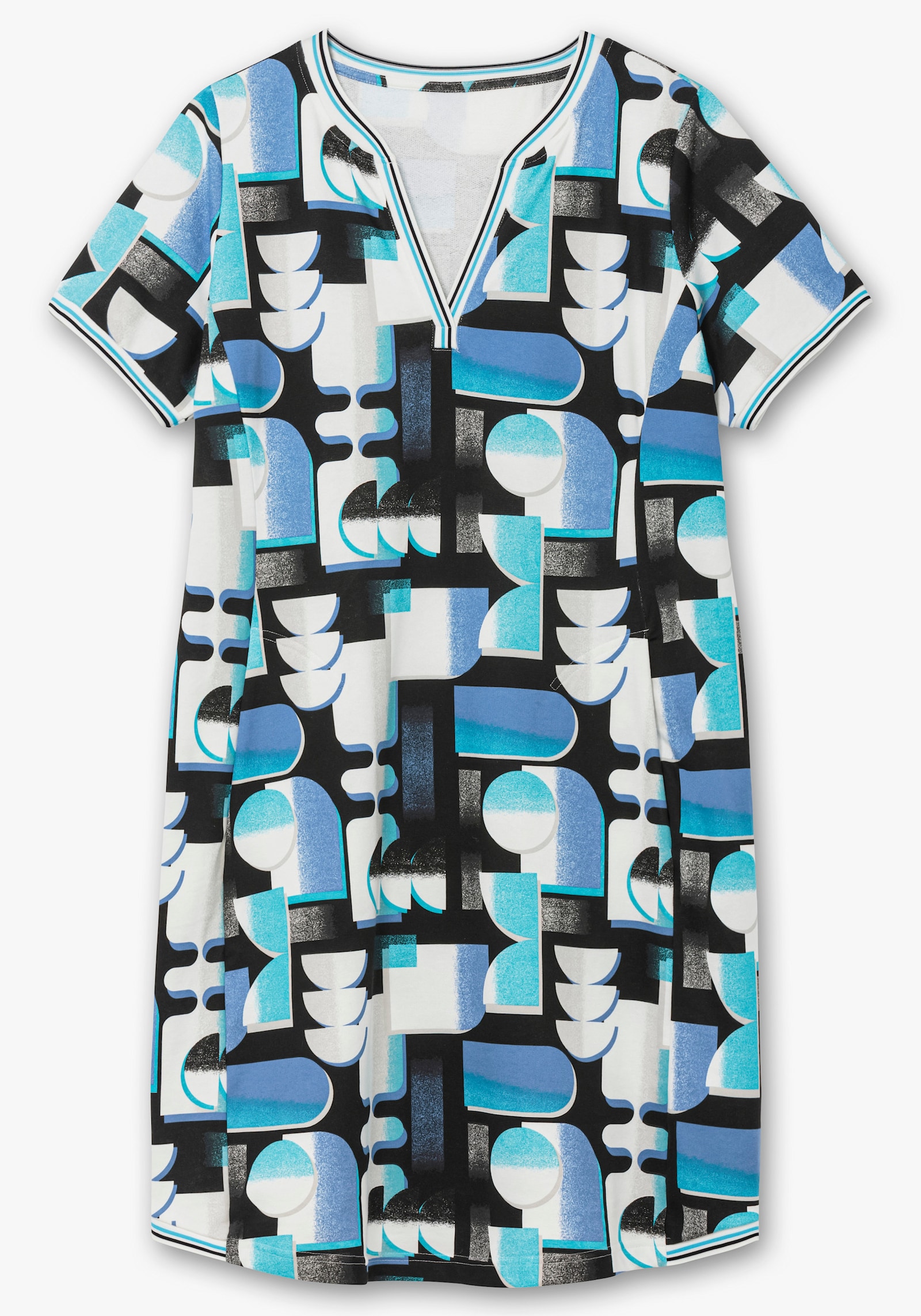 Shirtkleid in bedruckter Sweat-Qualität - türkis-schwarz-bedruckt