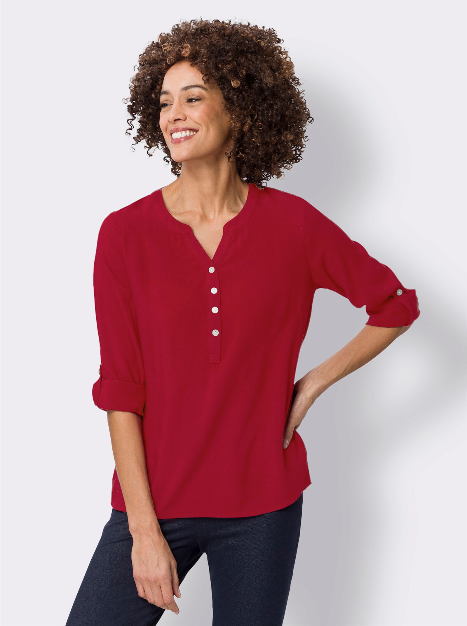 Schlupfbluse mit kurzer Knopfleiste - kirsche