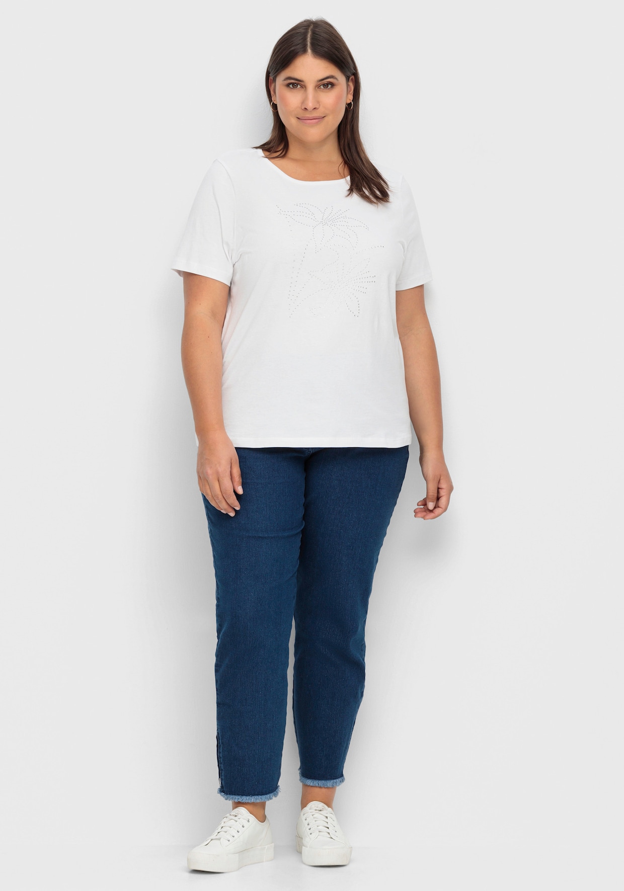 Kurzarmshirt mit Steinchen verziert - weiß