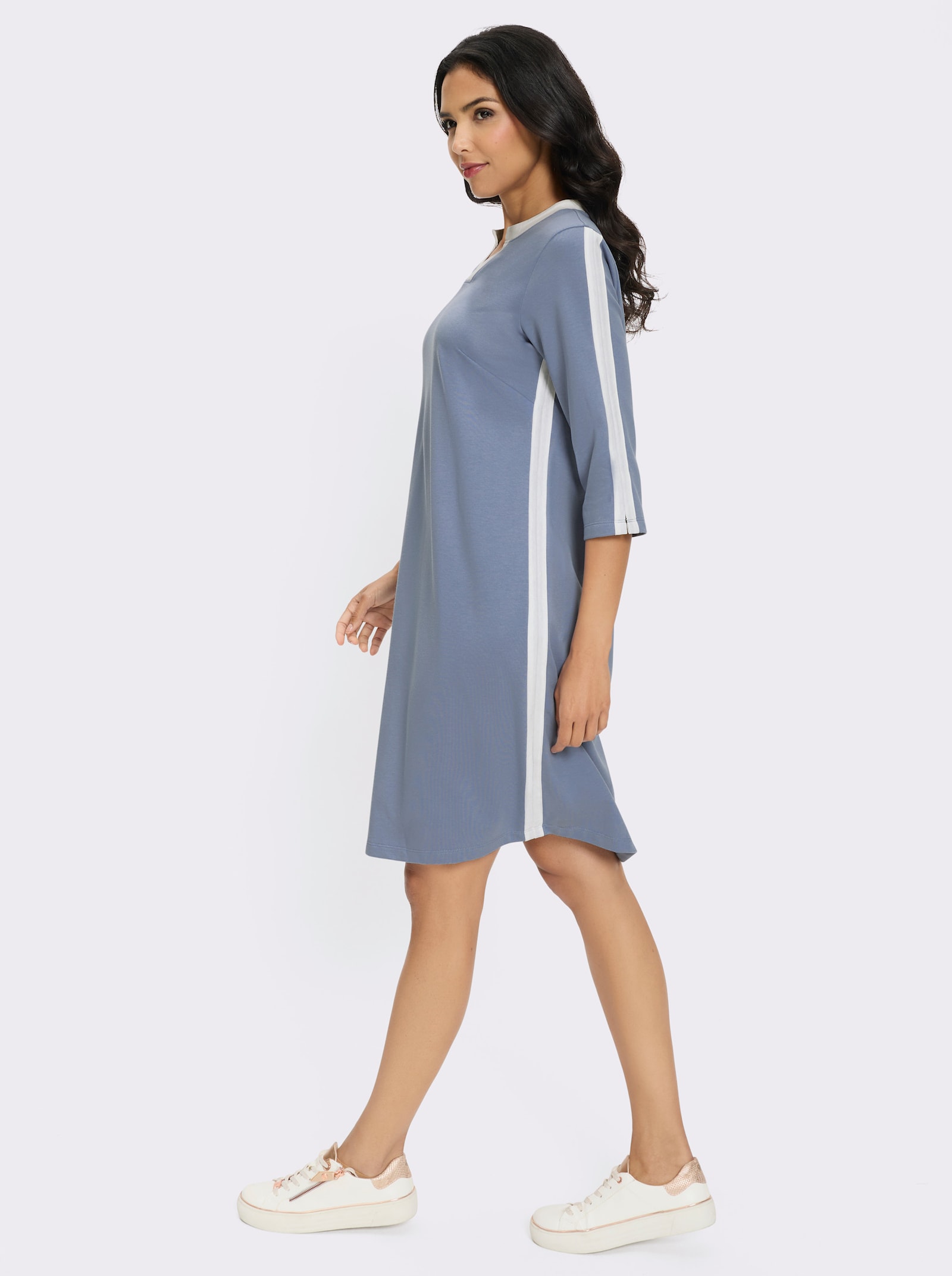 Sweatkleid mit Kontrastblenden - taubenblau-ecru