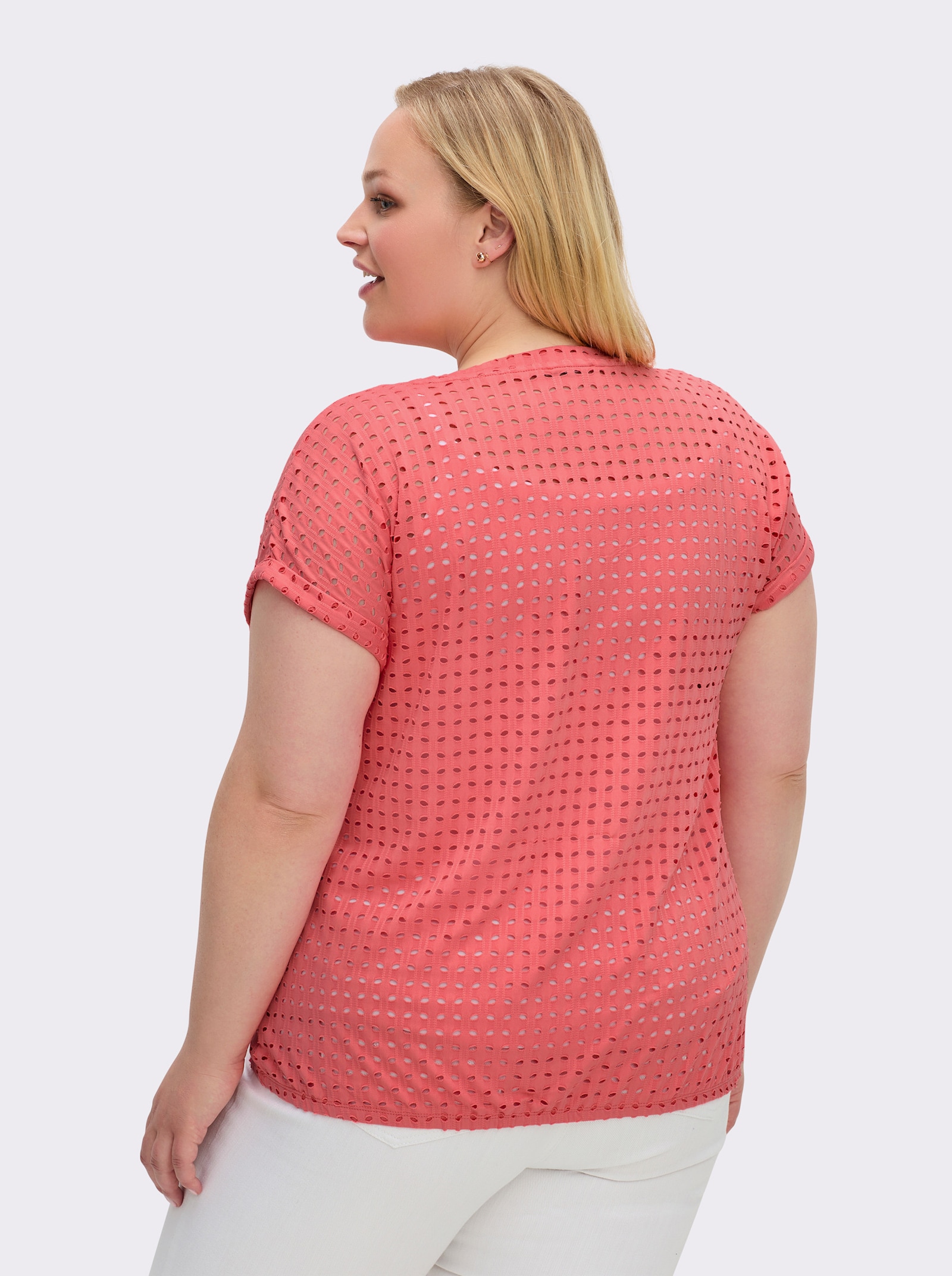 Kurzarmshirt mit Lochmuster - koralle