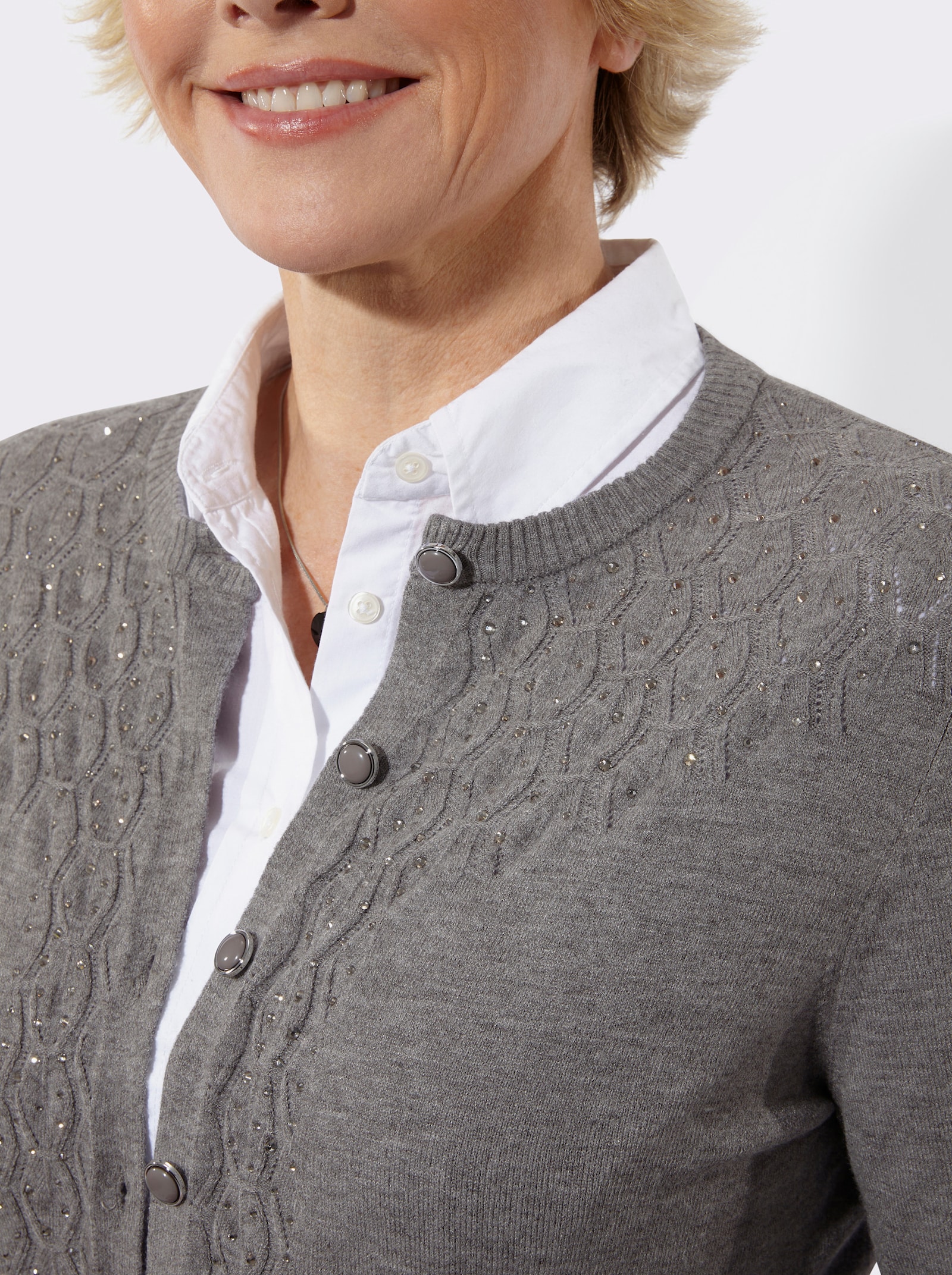 Strickjacke mit Ajourmuster und Glitzersteinchen - grau-meliert