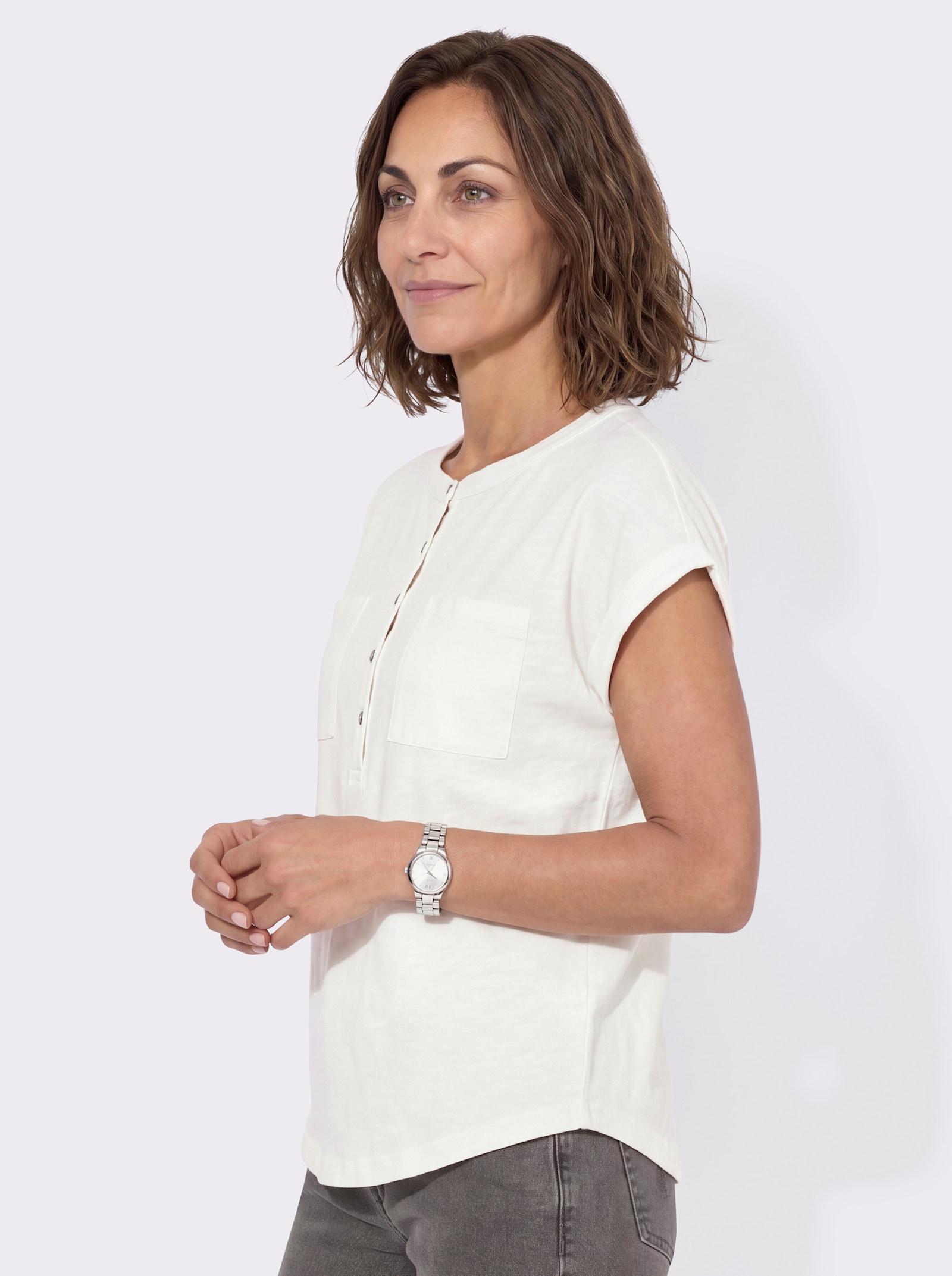 Kurzarmshirt mit Ärmelaufschlägen - ecru