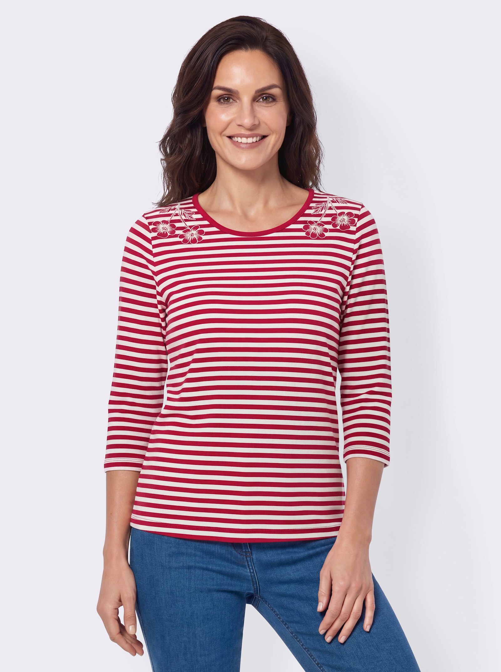 Rundhalsshirt mit Ringeln und Stickerei - erdbeere-ecru-geringelt