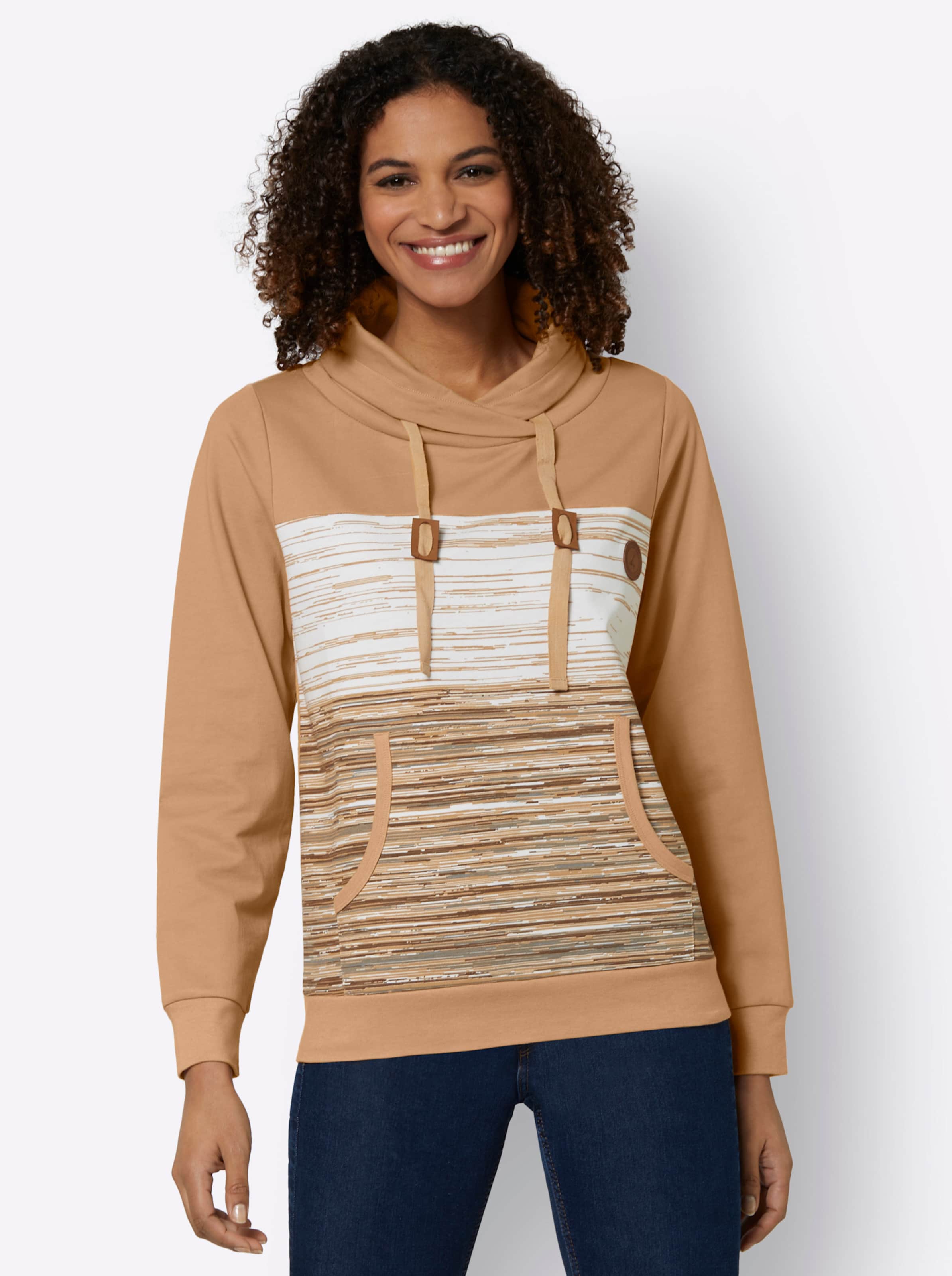 T Shirt  günstig Kaufen-Sweatshirt in camel-ecru-meliert von heine. Sweatshirt in camel-ecru-meliert von heine <![CDATA[Sweatshirt im gemütlichen Lässig-Look: Der überlappende Stehkragen mit Tunnelzug und Kordel liegt absolut im Trend. Paspelierte Kängurutaschen. Lange Ärme