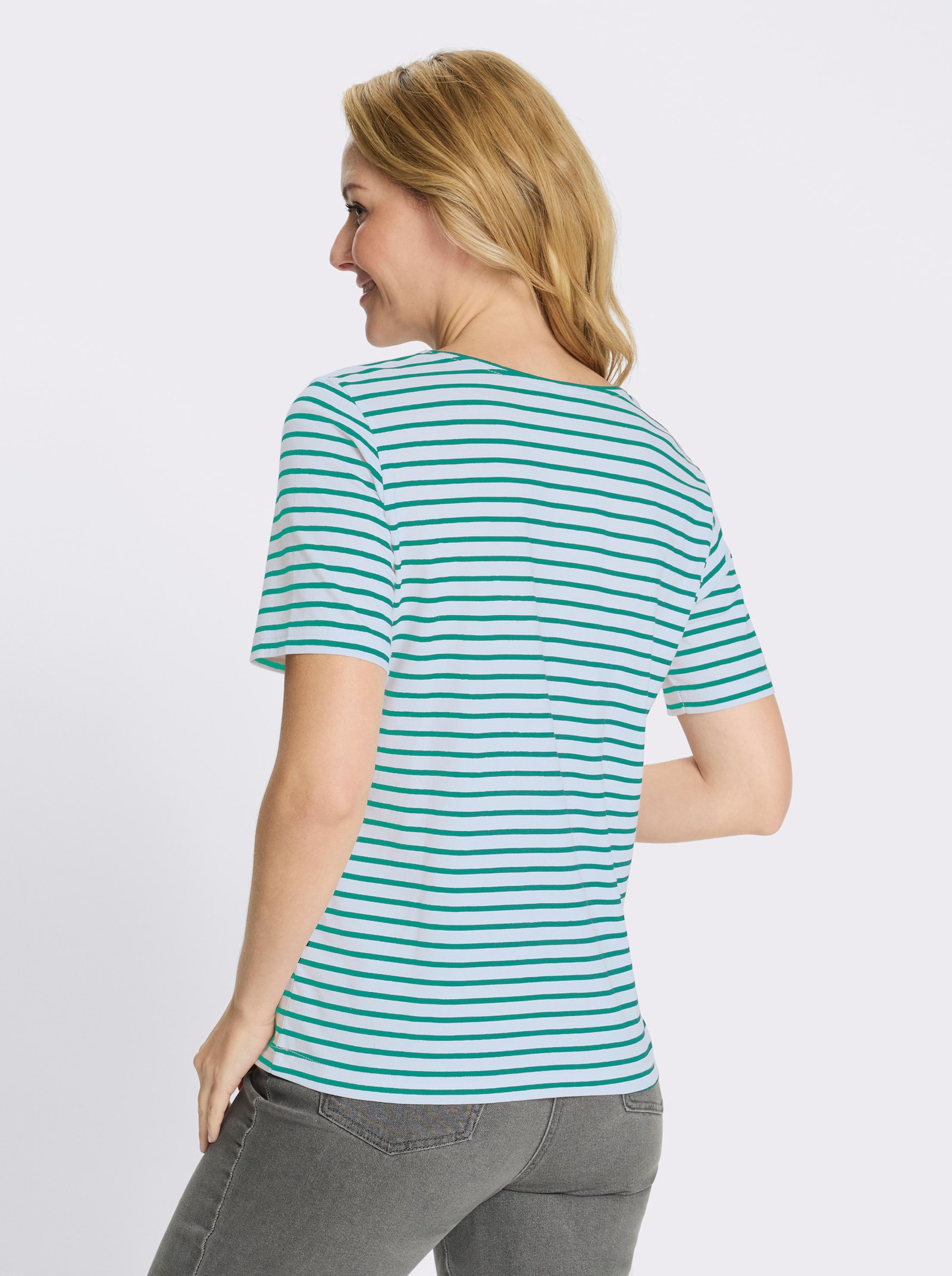 Tričko, pruhy, nášivky-kožený vzhľad - smaragdovo-biela pásikovaná