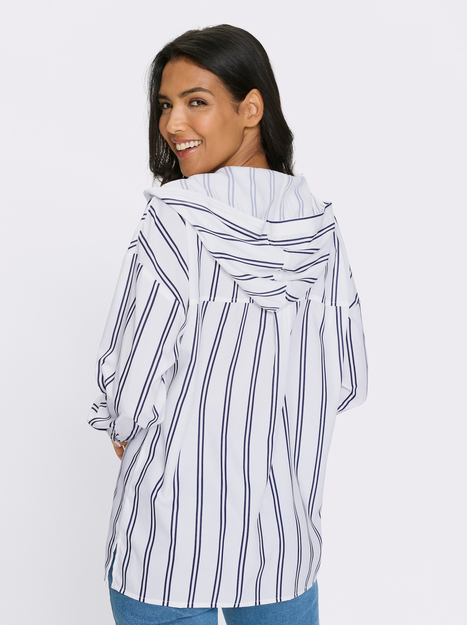 Lange blouse met capuchon - marine/wit gestreept