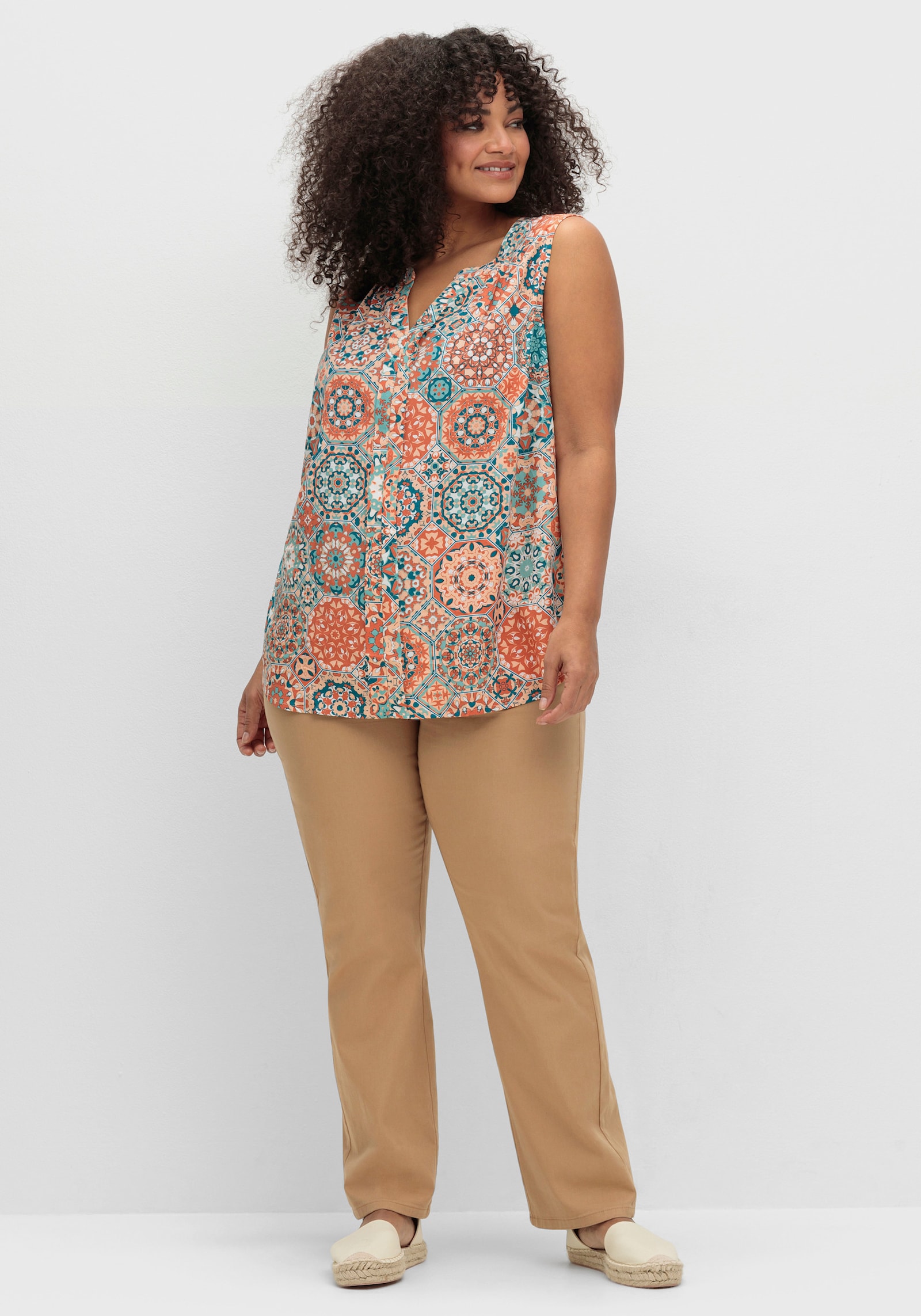 Blusentop in A-Form - apricot-salbei-bedruckt