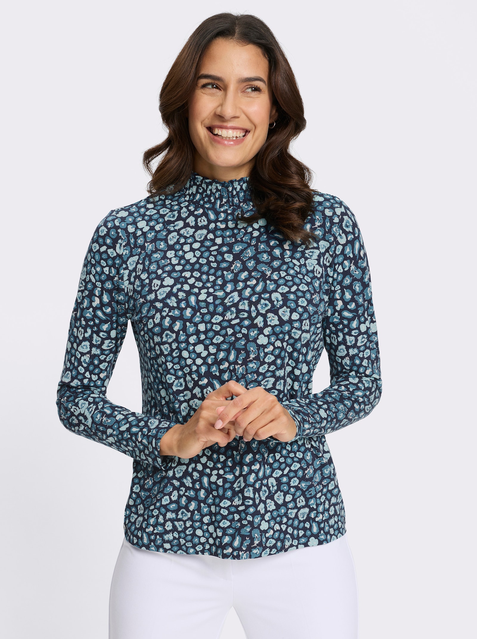 Stehkragenshirt mit gesmoktem Kragen - marine-topas-bedruckt