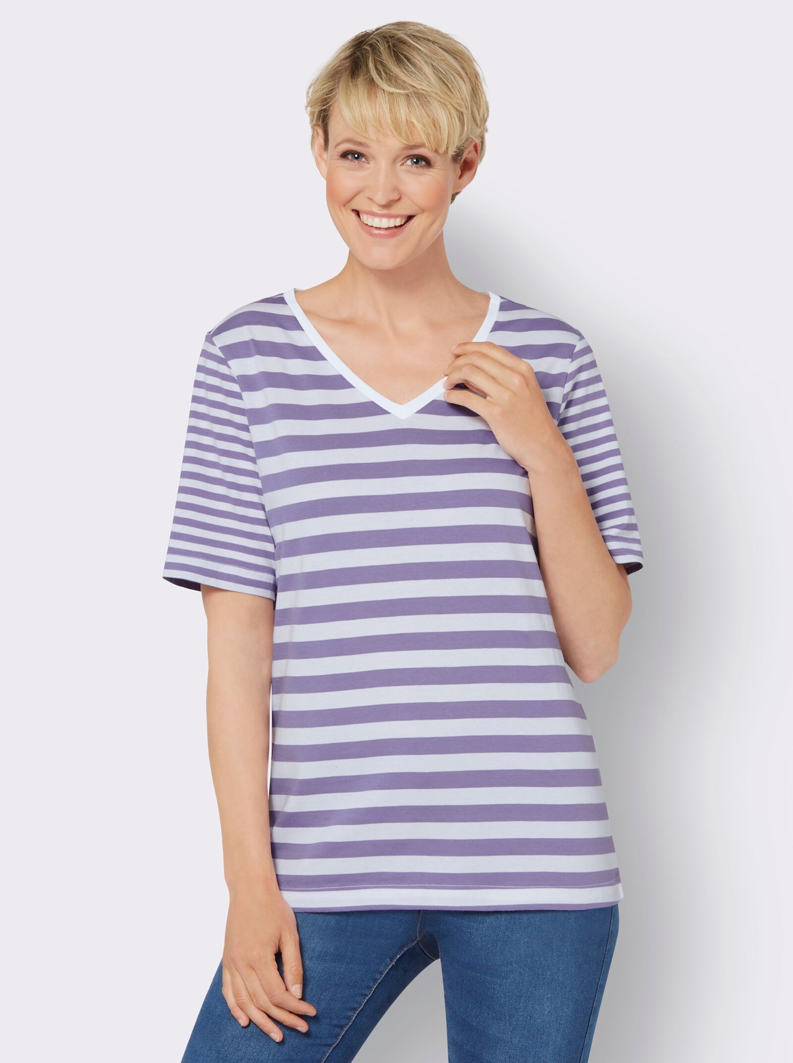 Tričko, kr.rukávy, farbená priadza - levanduľová-biela pásikovaná