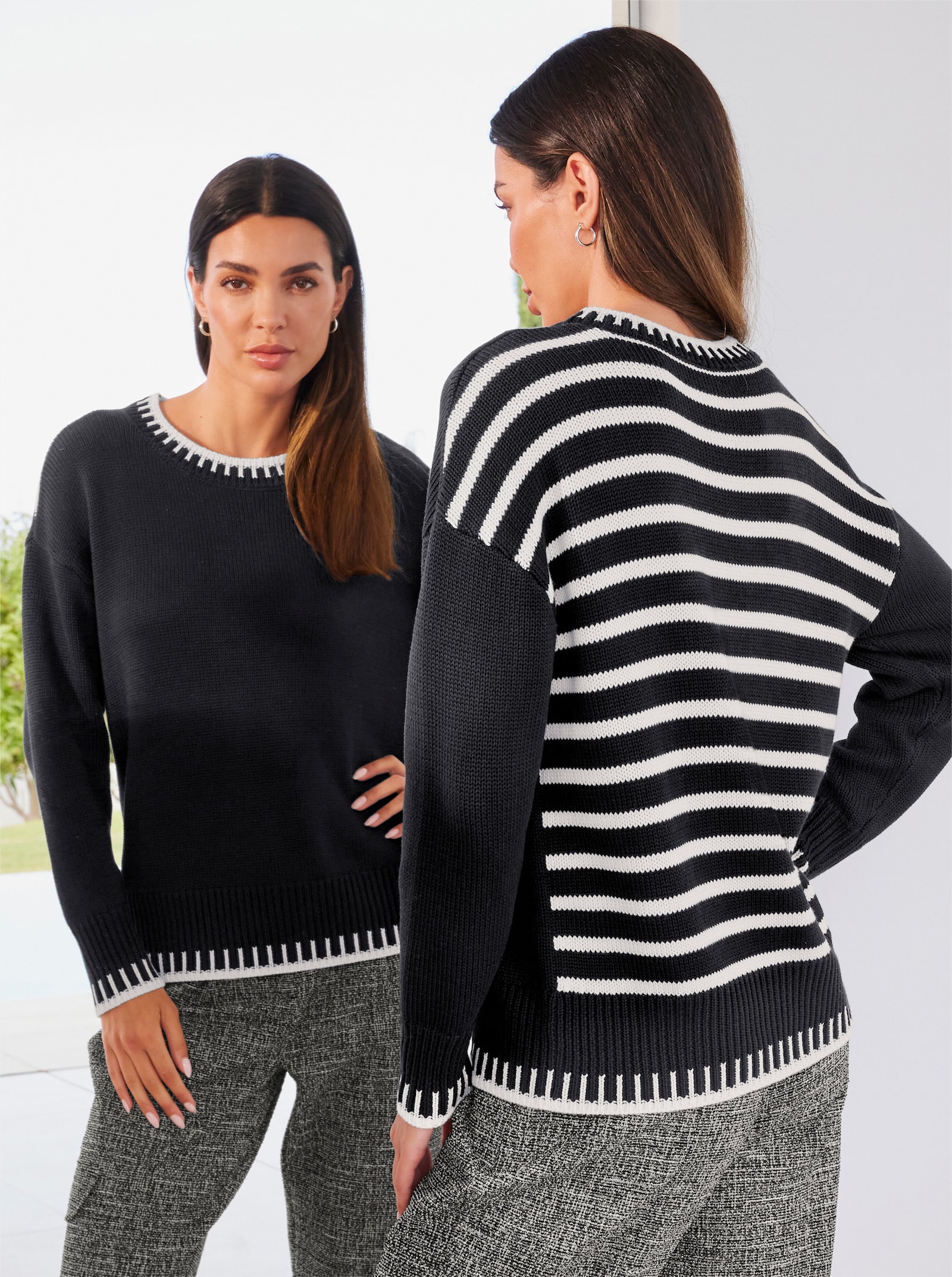 heine Rundhalspullover mit Ripp-Abschlüssen - schwarz-ecru-gemustert