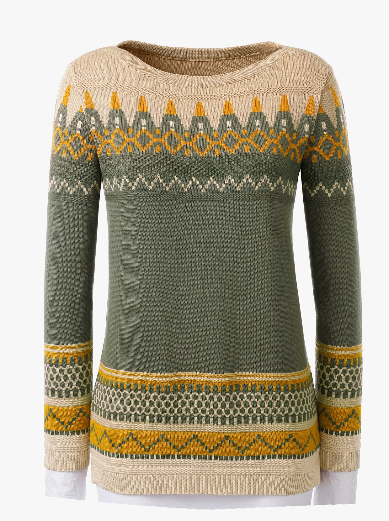 Rundhalspullover - beige-oliv