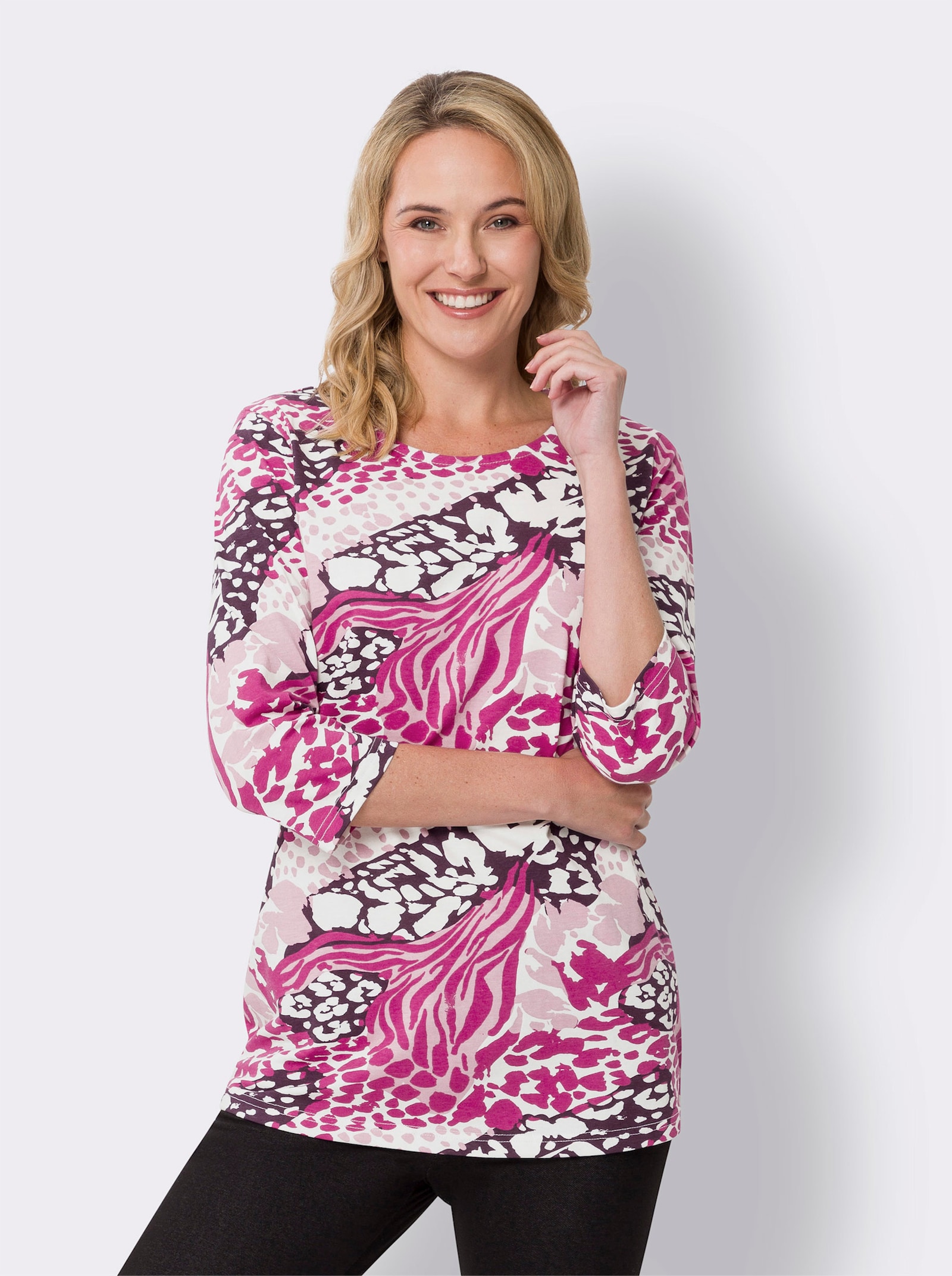 Rundhalsshirt in A-Form, bedruckt - rosé-erika-bedruckt